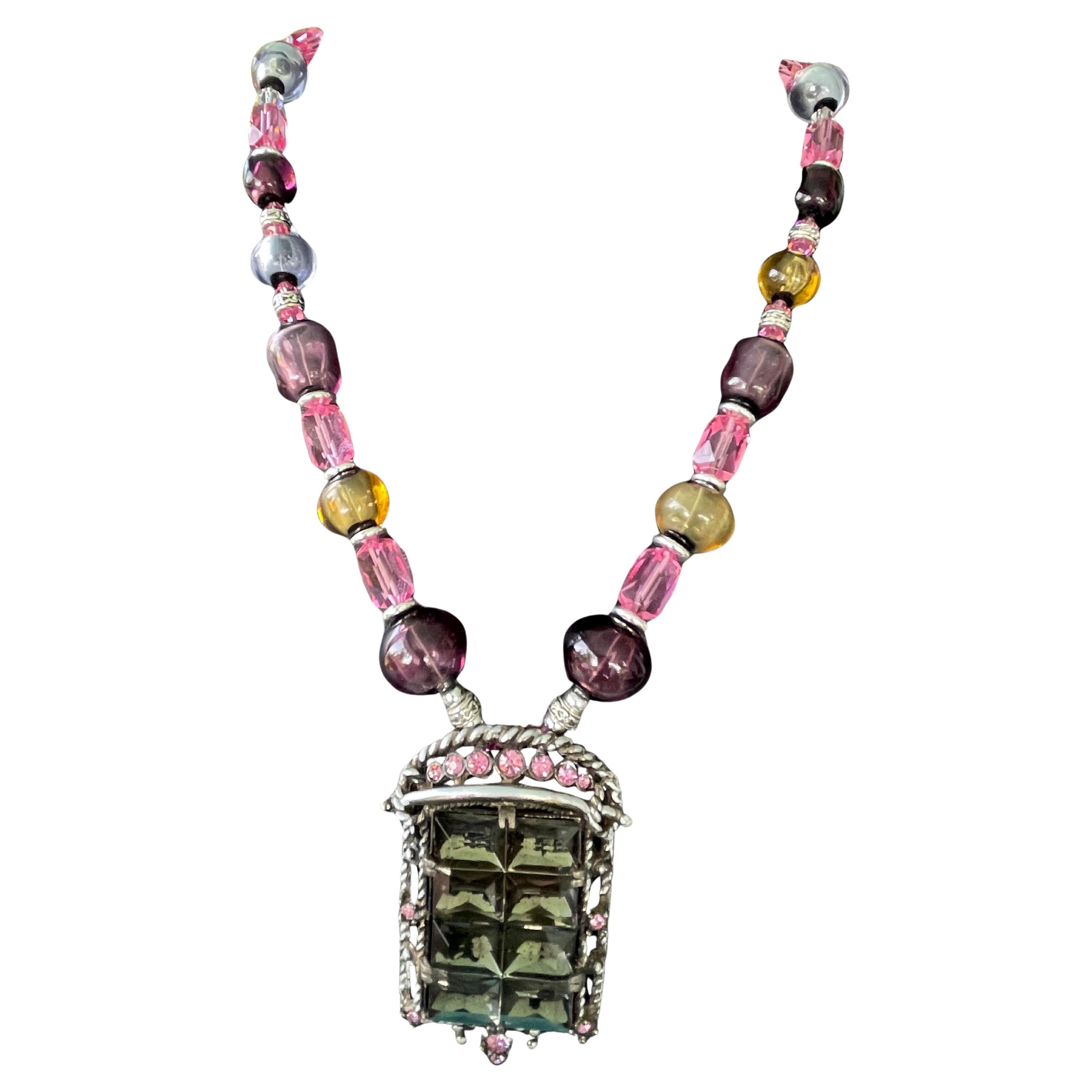 LB offers Deco vintage crystal brooch blown glass pink crystals Necklace For Sale