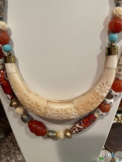 LB offers Double strand Bone Carnelian Wood Silver Venetian Agate Brass Necklace