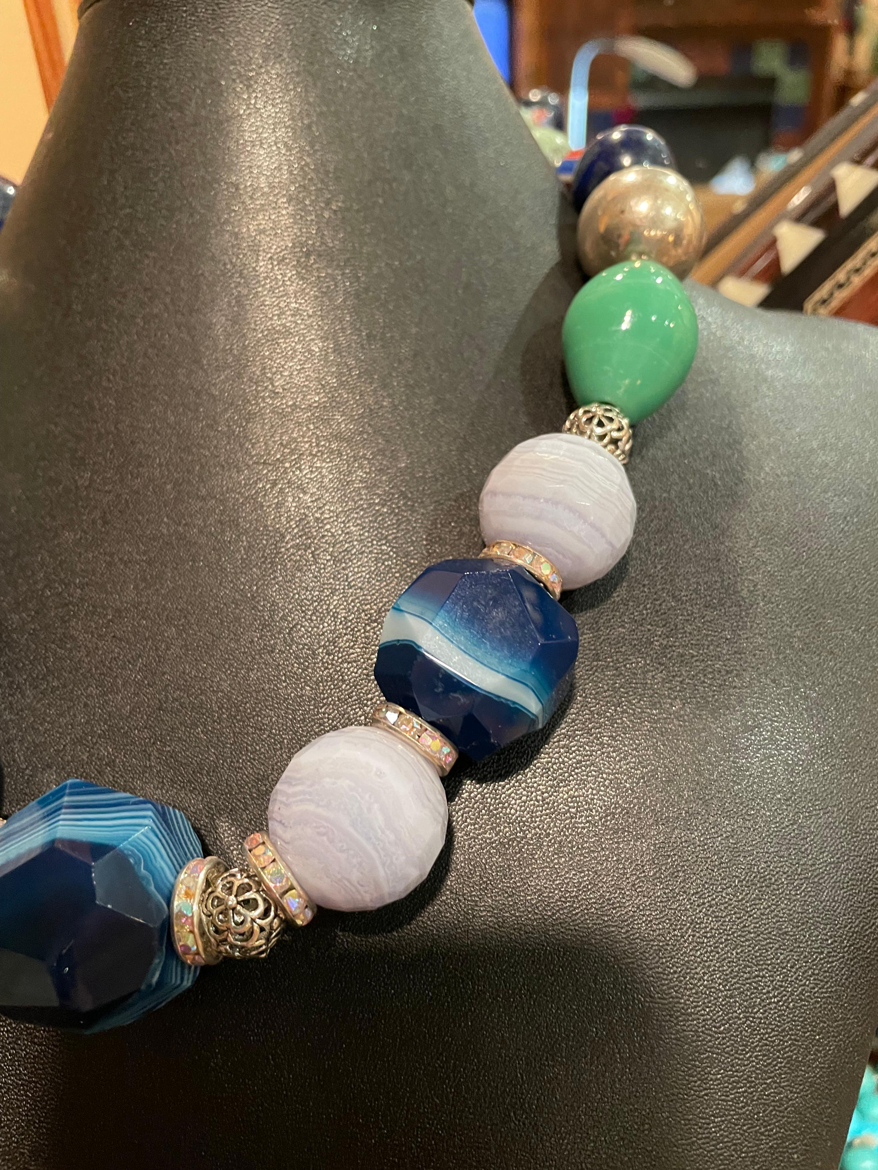 Artisan LB offers Dyed Blue Agate Blue Lace Agate Sterling Ceramic Lapis Turq. Necklace For Sale