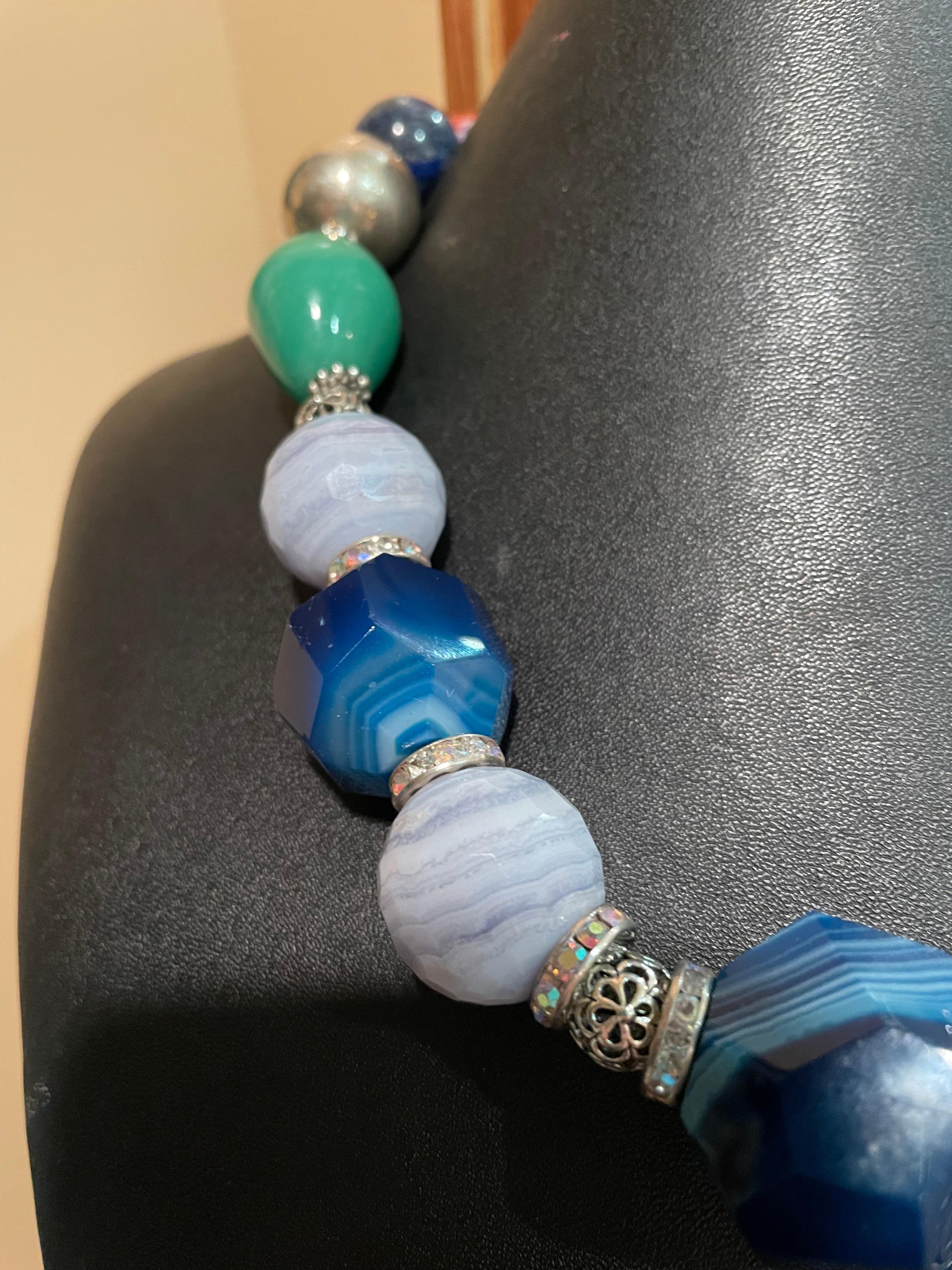 Bead LB offers Dyed Blue Agate Blue Lace Agate Sterling Ceramic Lapis Turq. Necklace For Sale