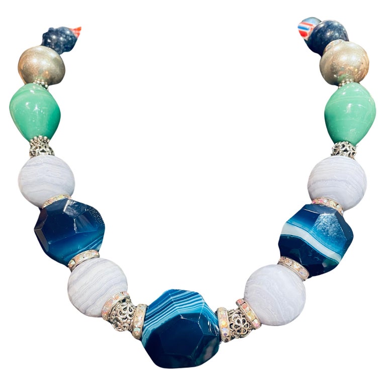 Collier Vintage En Agate Bleue Avec Fermoir Argent 925 - Bijou Ancien