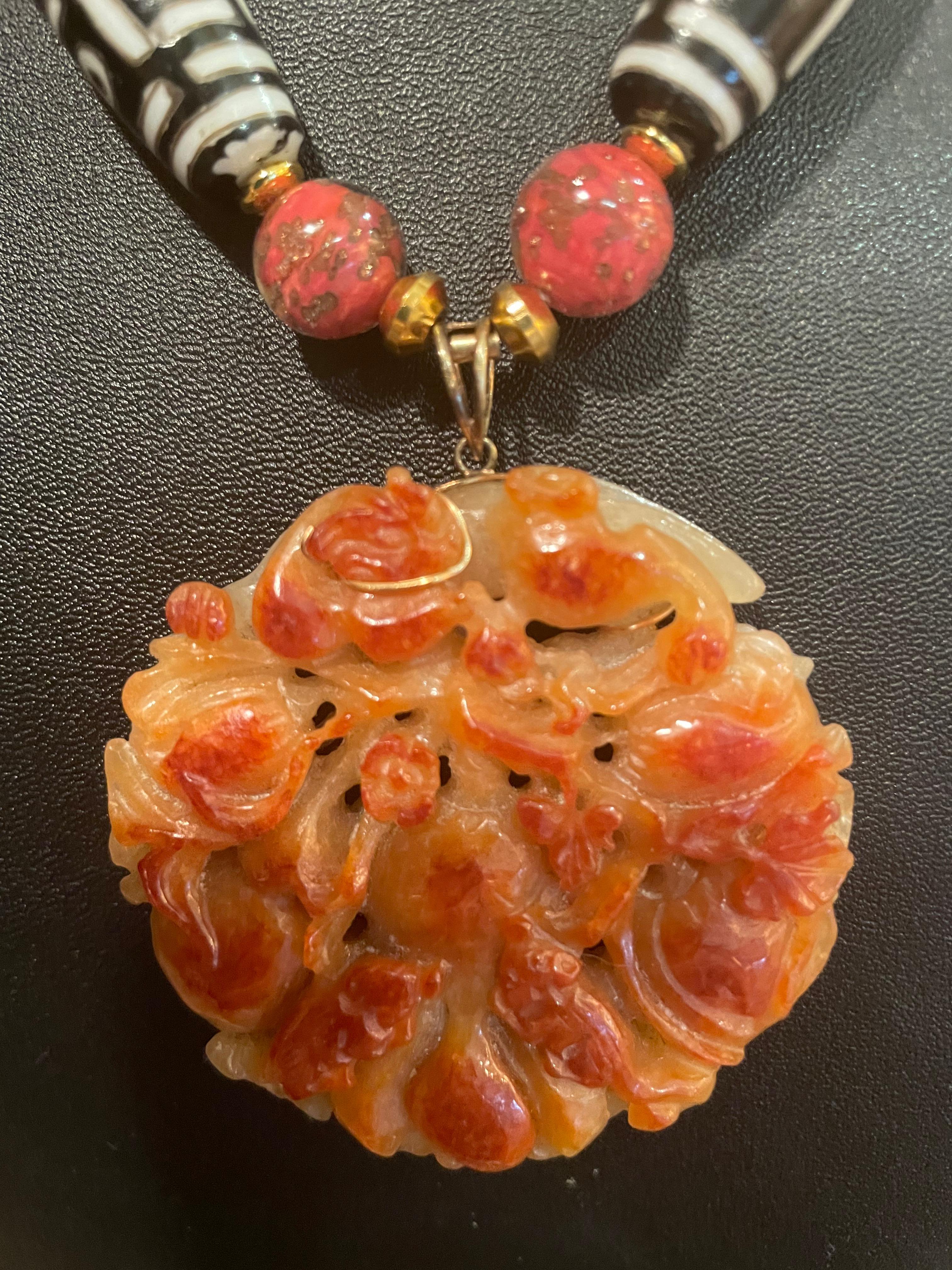 Artisan LB offers Early 20th c. Carved orange Jade Carnelian African Ceramic necklace For Sale