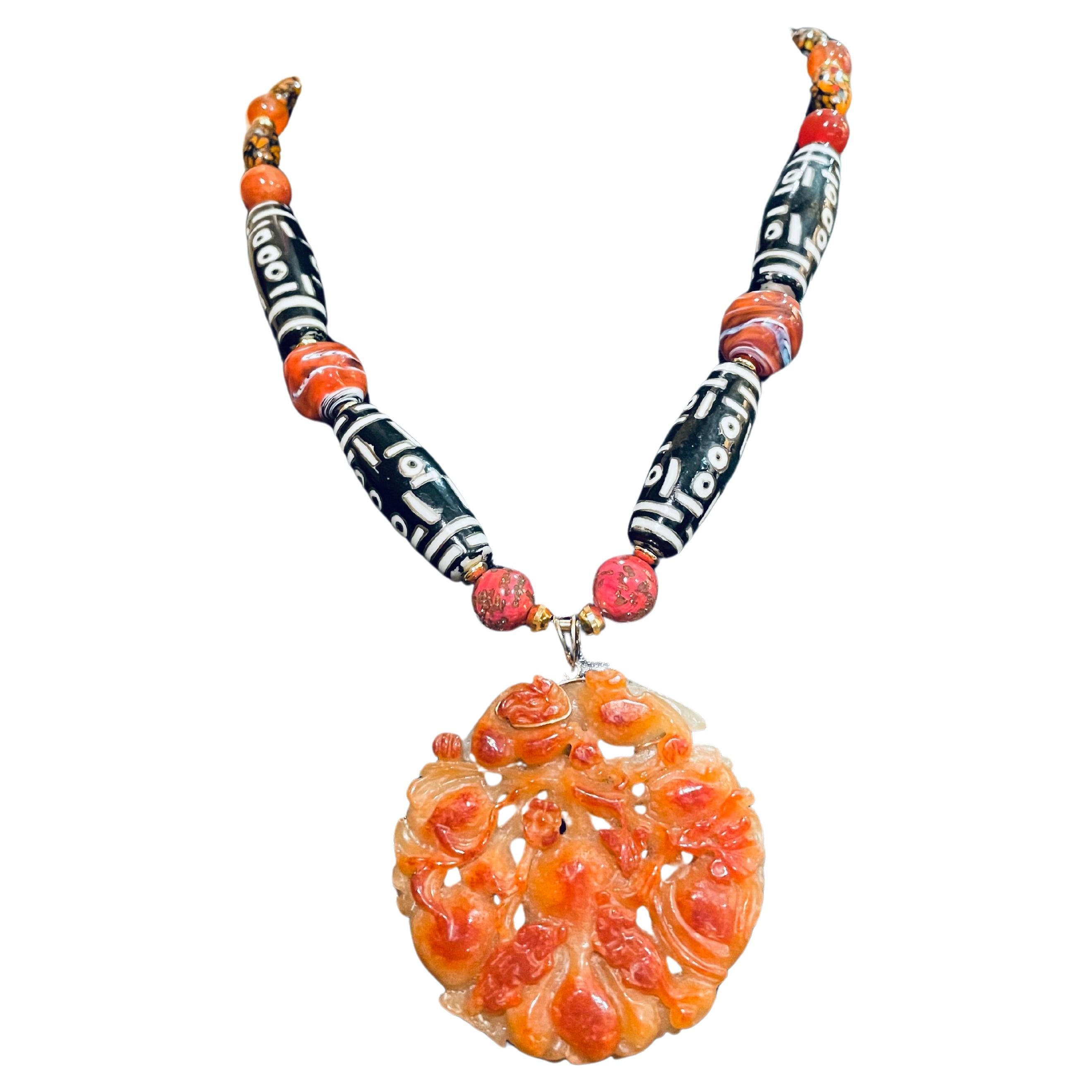 LB offers Early 20th c. Carved orange Jade Carnelian African Ceramic necklace For Sale