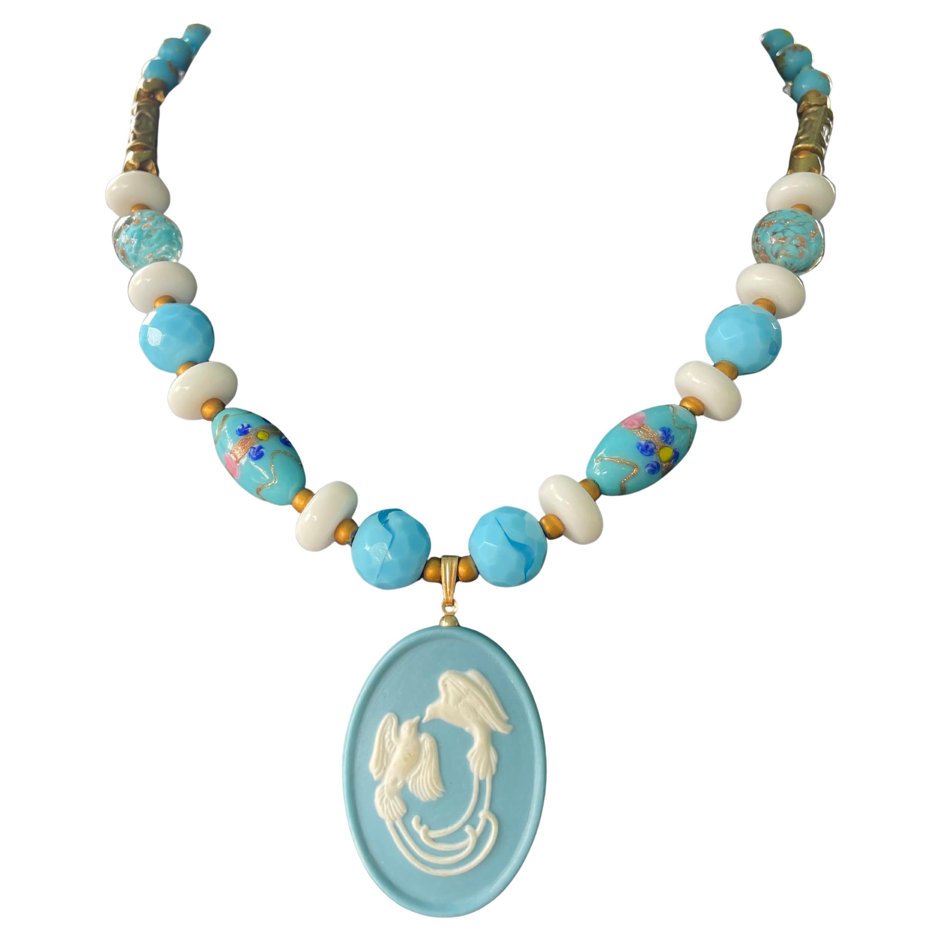LB offers English Jasperware Love Birds pendant Venetian glass Crystal Necklace For Sale
