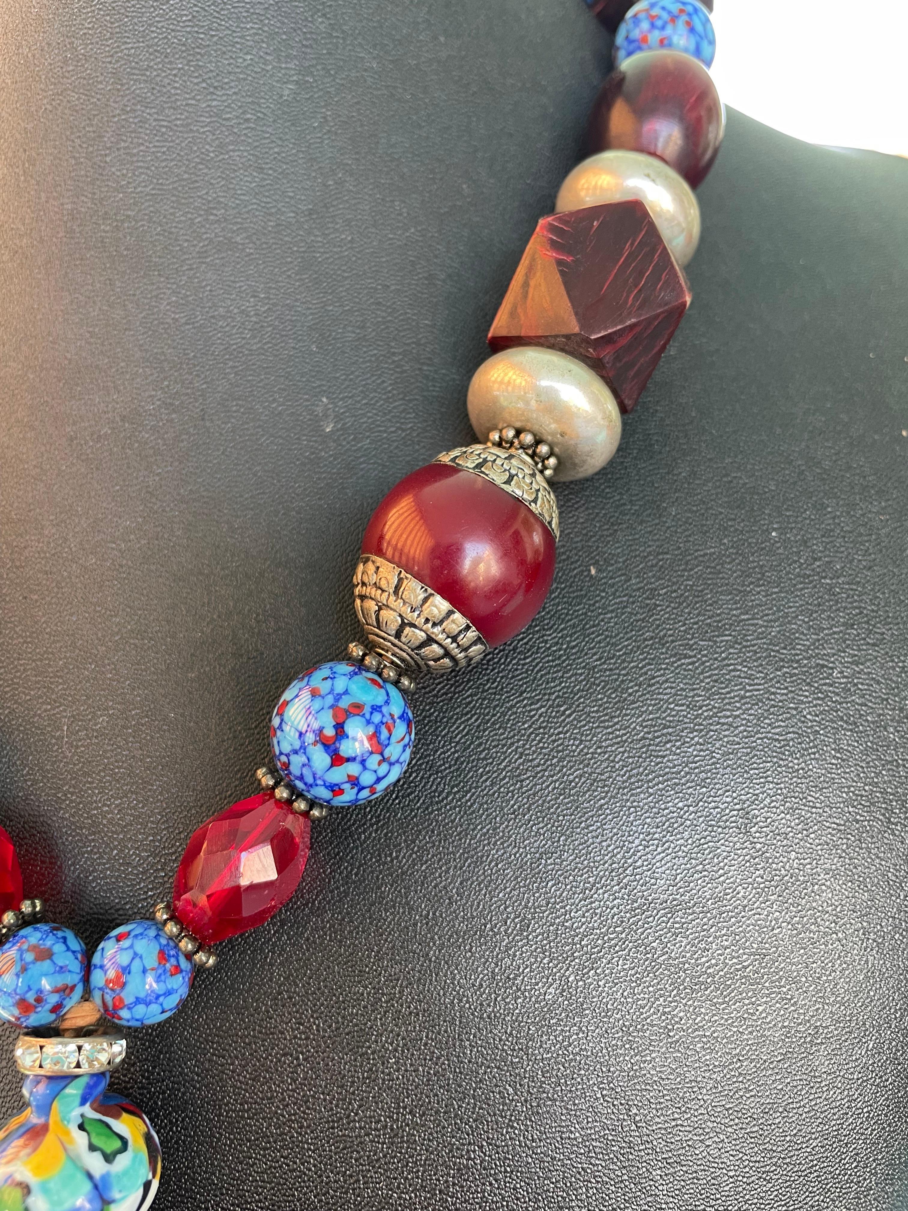 Artisan LB offers French Bakelite Carved Pendant Venetian glass Tibetan Wood necklace For Sale