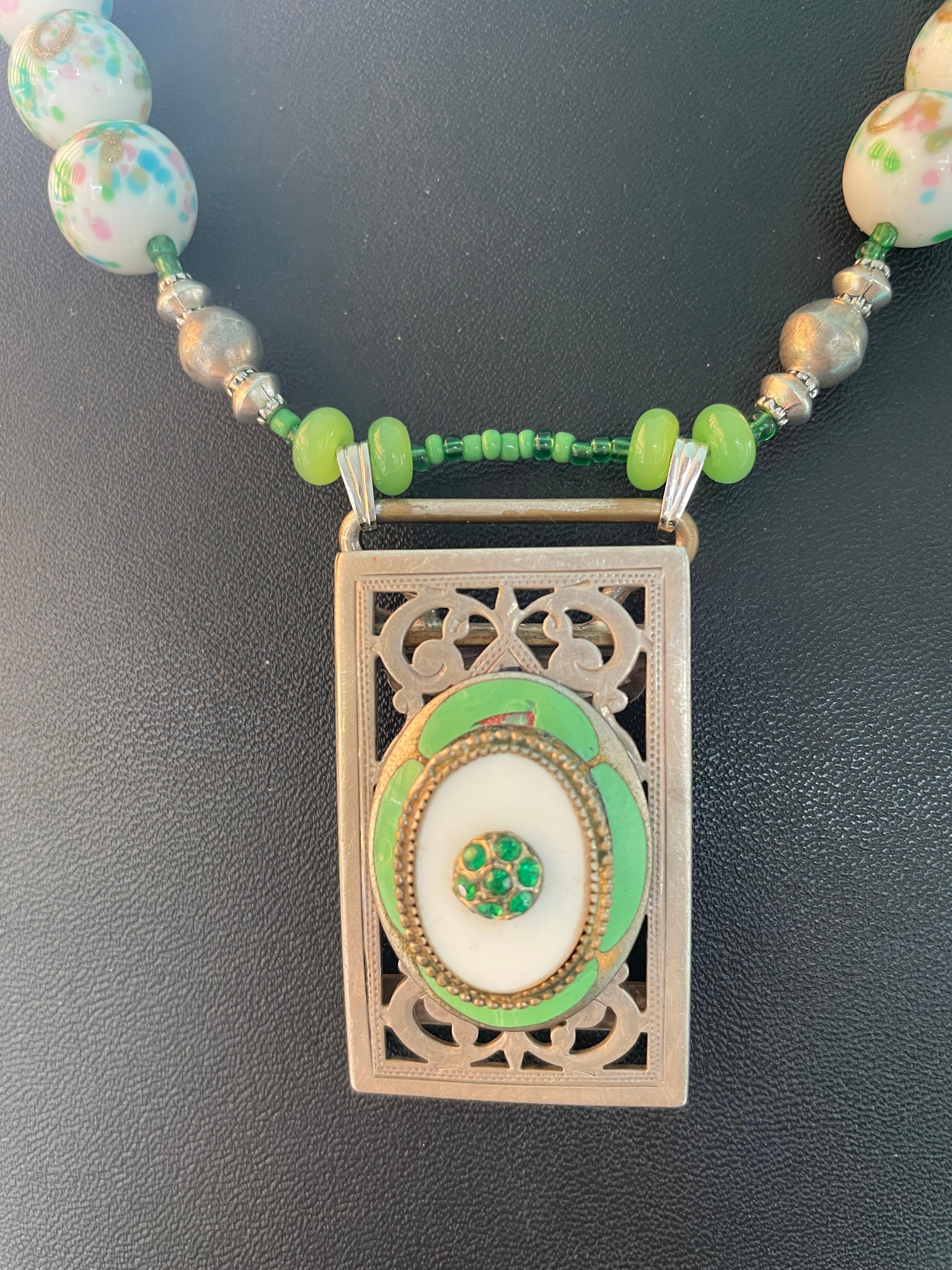 Artisan LB offers French enamel brooch SS buckle Czech glass marking Glass SS Necklace For Sale