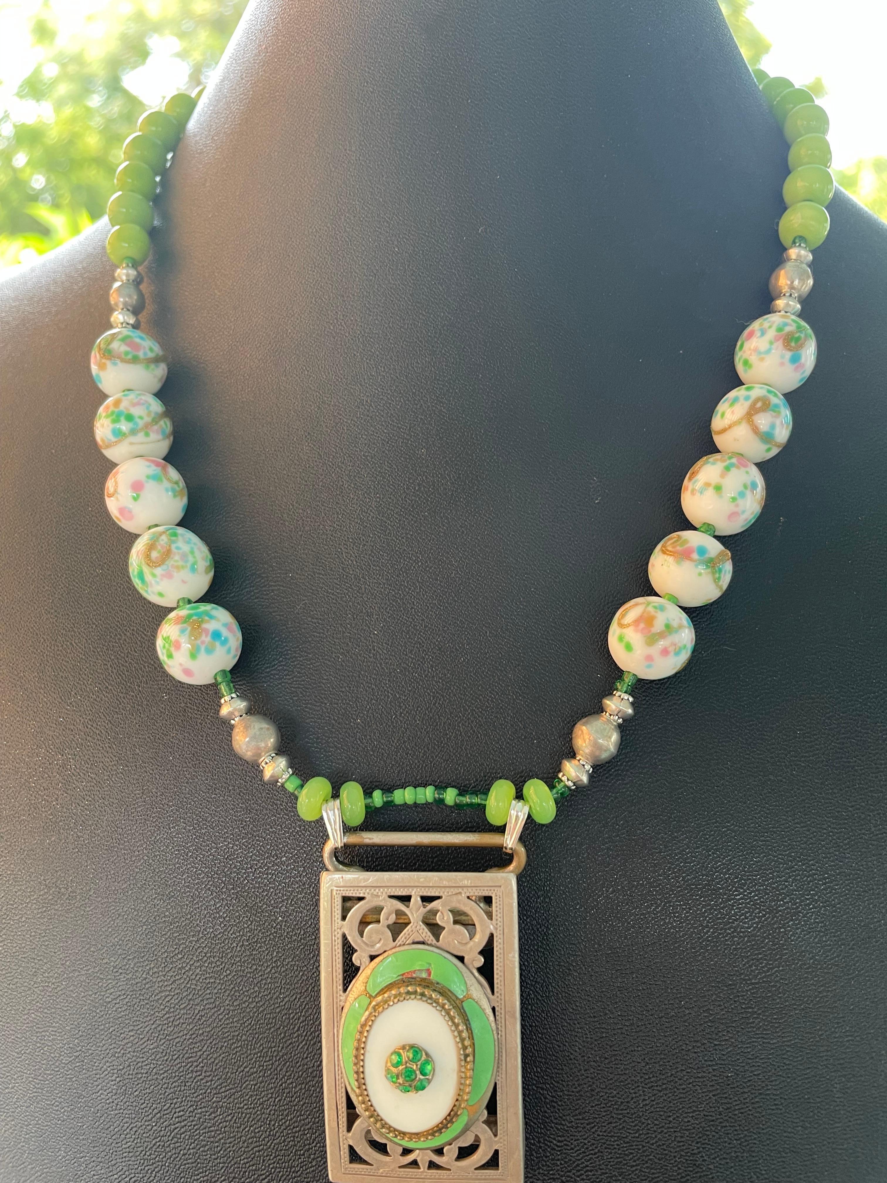 LB offers French enamel brooch SS buckle Czech glass marking Glass SS Necklace In Good Condition For Sale In Pittsburgh, PA