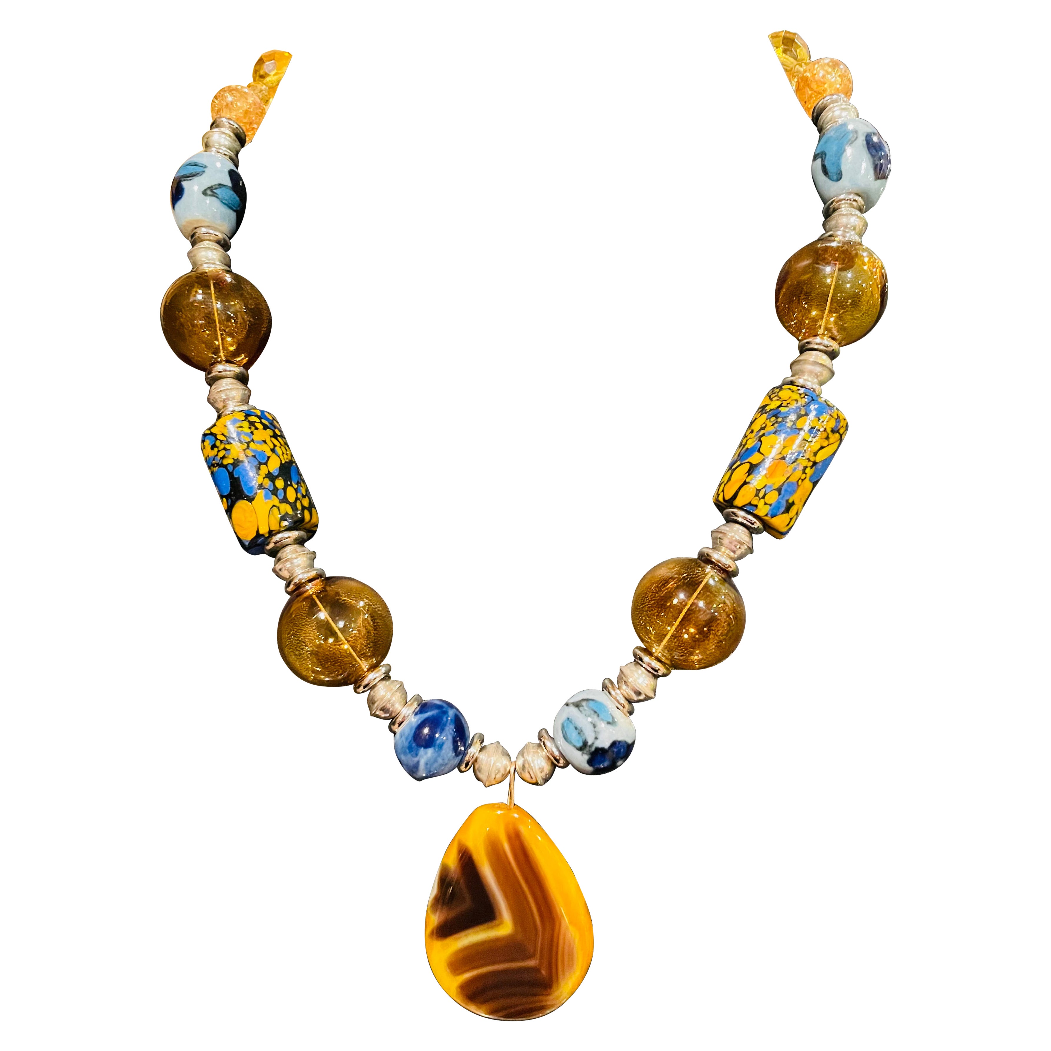 LB offre perle veneziane a goccia in vetro soffiato Flow Collana in ceramica blu SS in vendita