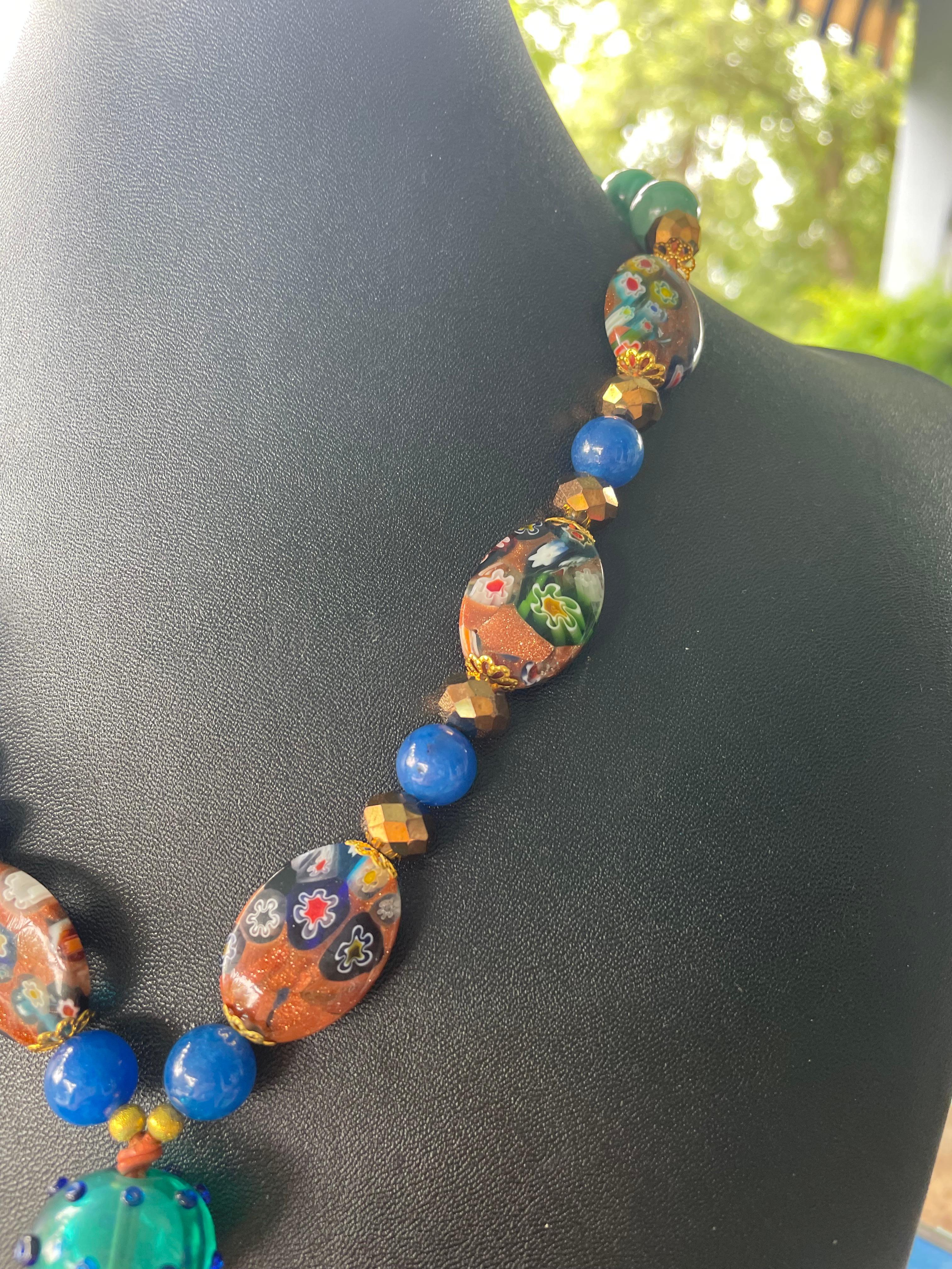Arts and Crafts LB offers Glass Serpent Artist made beads Venetian glass  blue agate Necklace For Sale