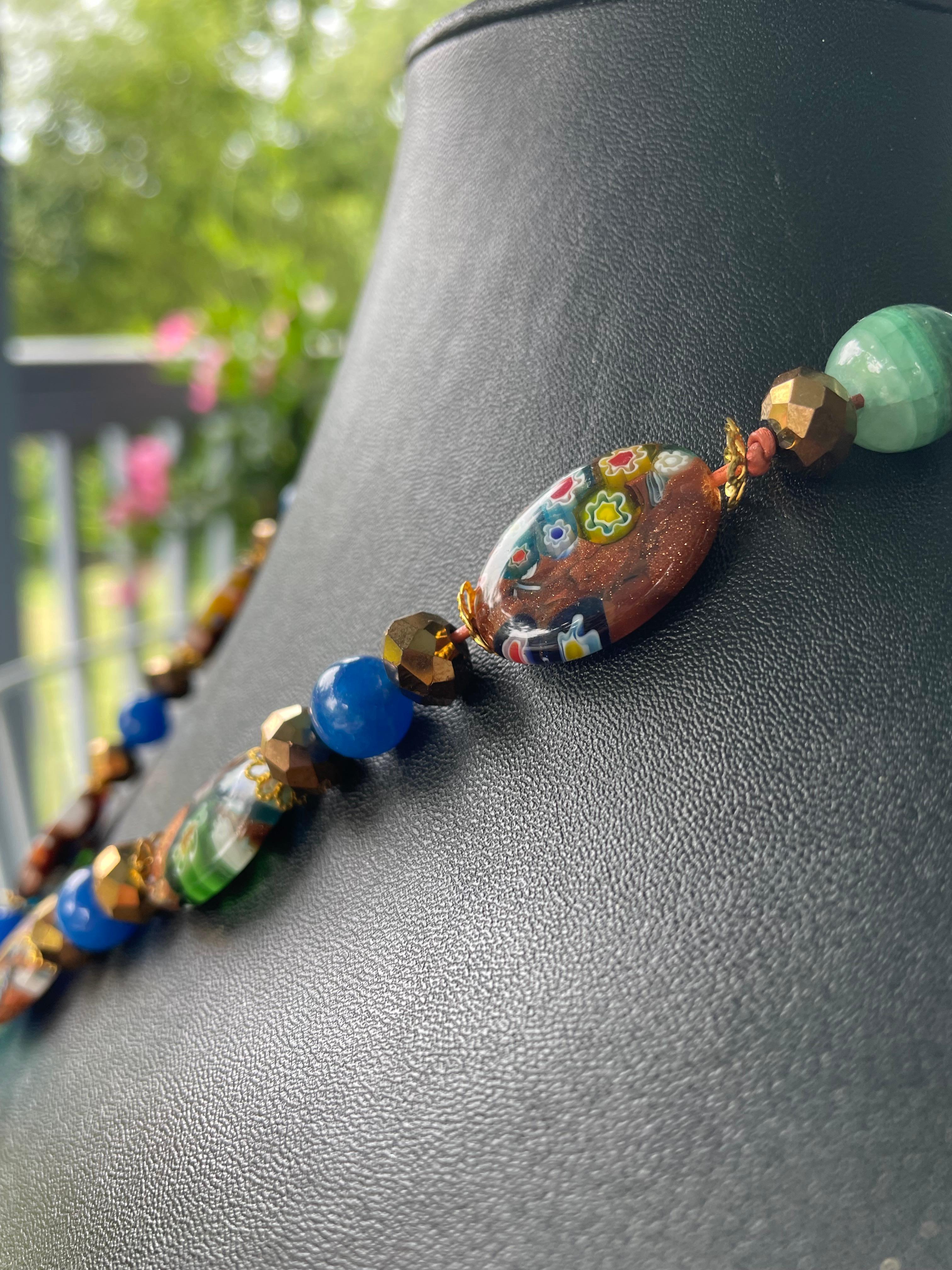 LB offers Glass Serpent Artist made beads Venetian glass  blue agate Necklace In Good Condition For Sale In Pittsburgh, PA