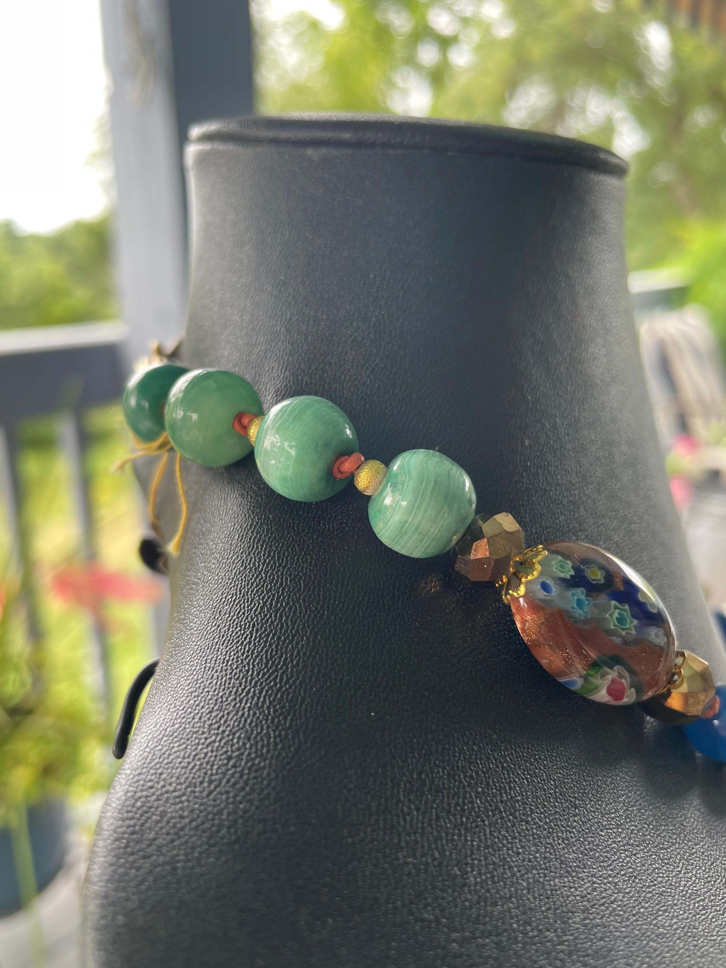 Women's or Men's LB offers Glass Serpent Artist made beads Venetian glass  blue agate Necklace For Sale