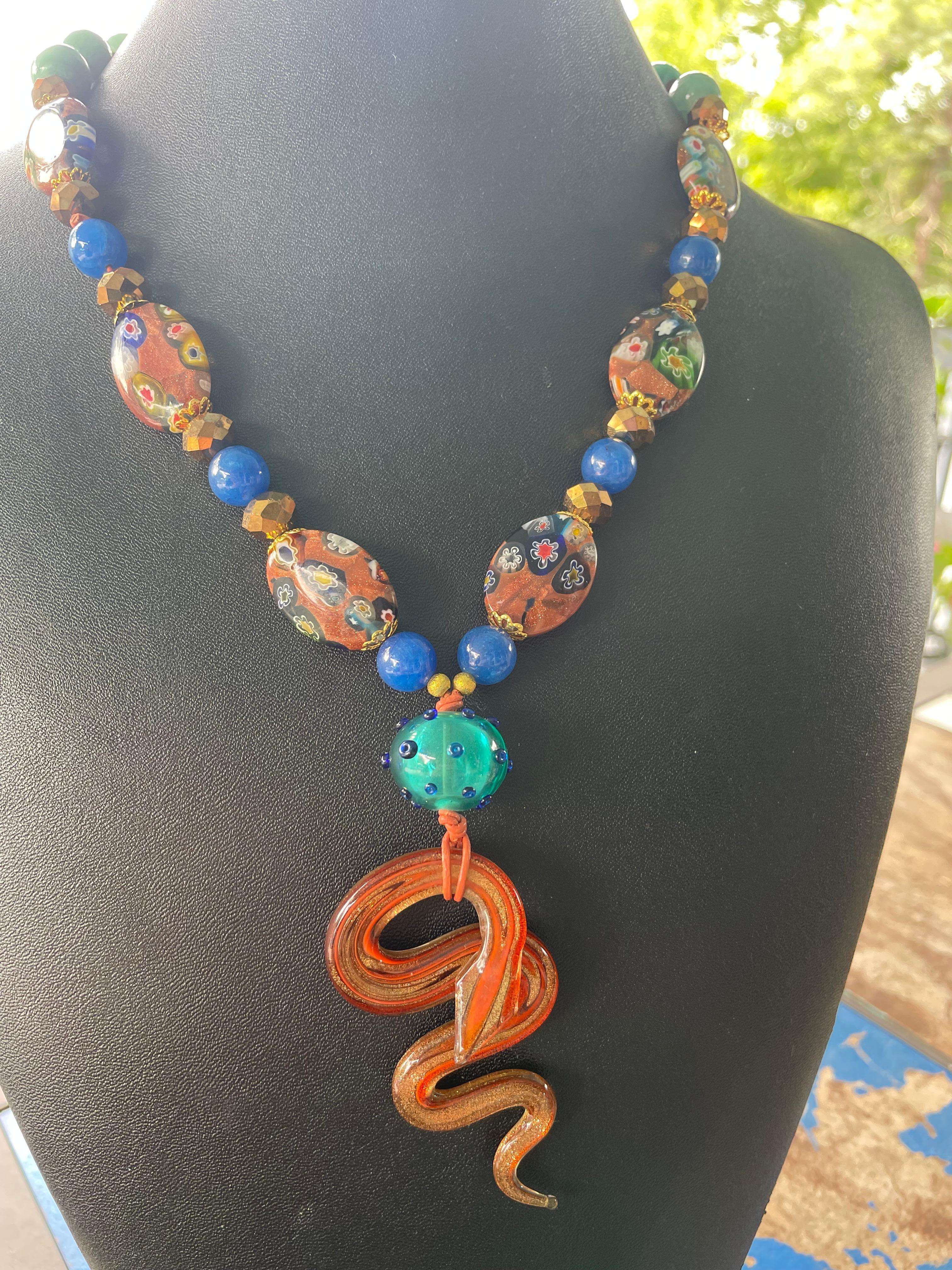 LB offers Glass Serpent Artist made beads Venetian glass  blue agate Necklace For Sale 3