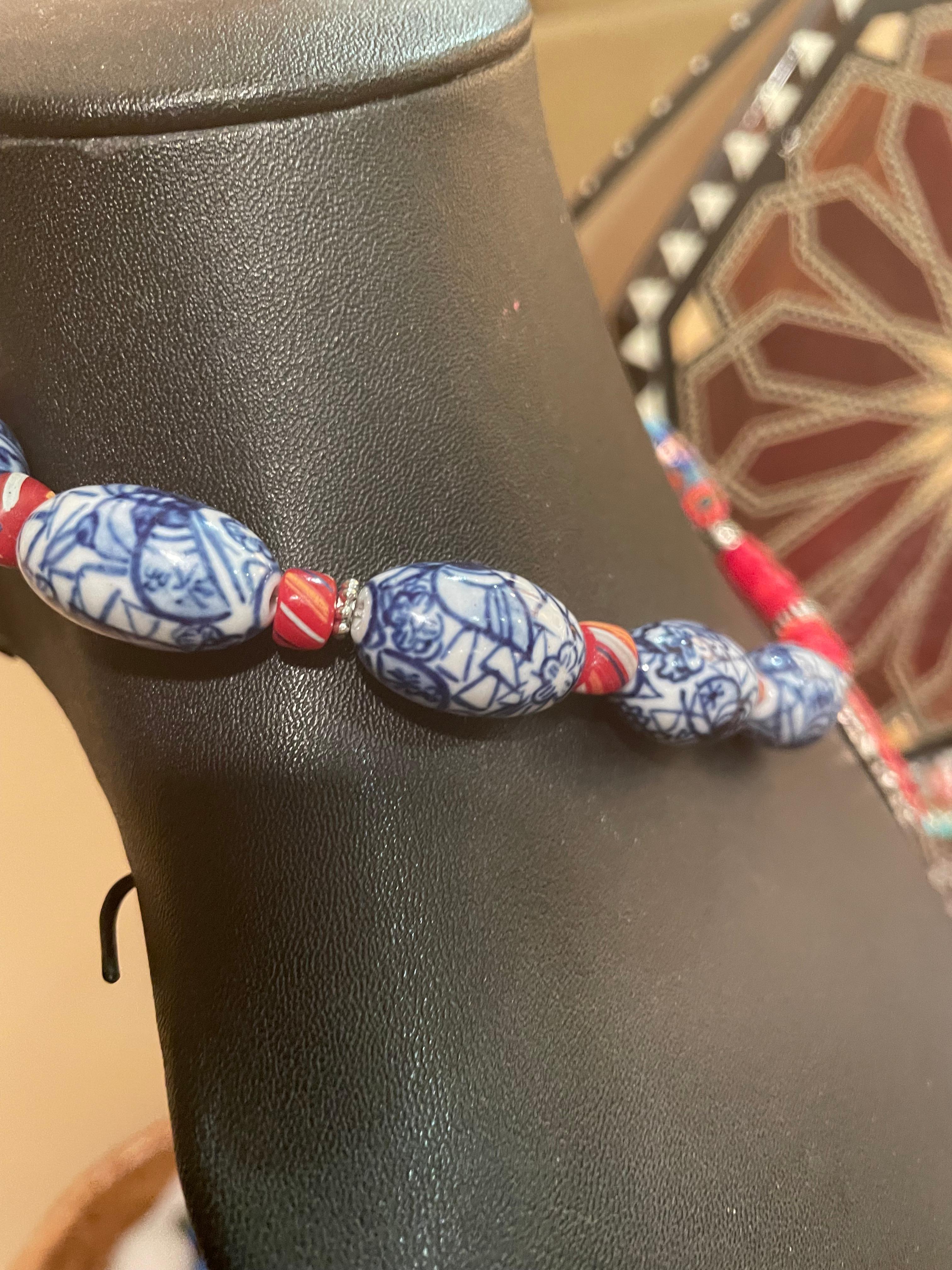 LB bietet Intarsien Tibetischer Anhänger Koralle Vintage venezianische chinesische Keramik Halskette 1