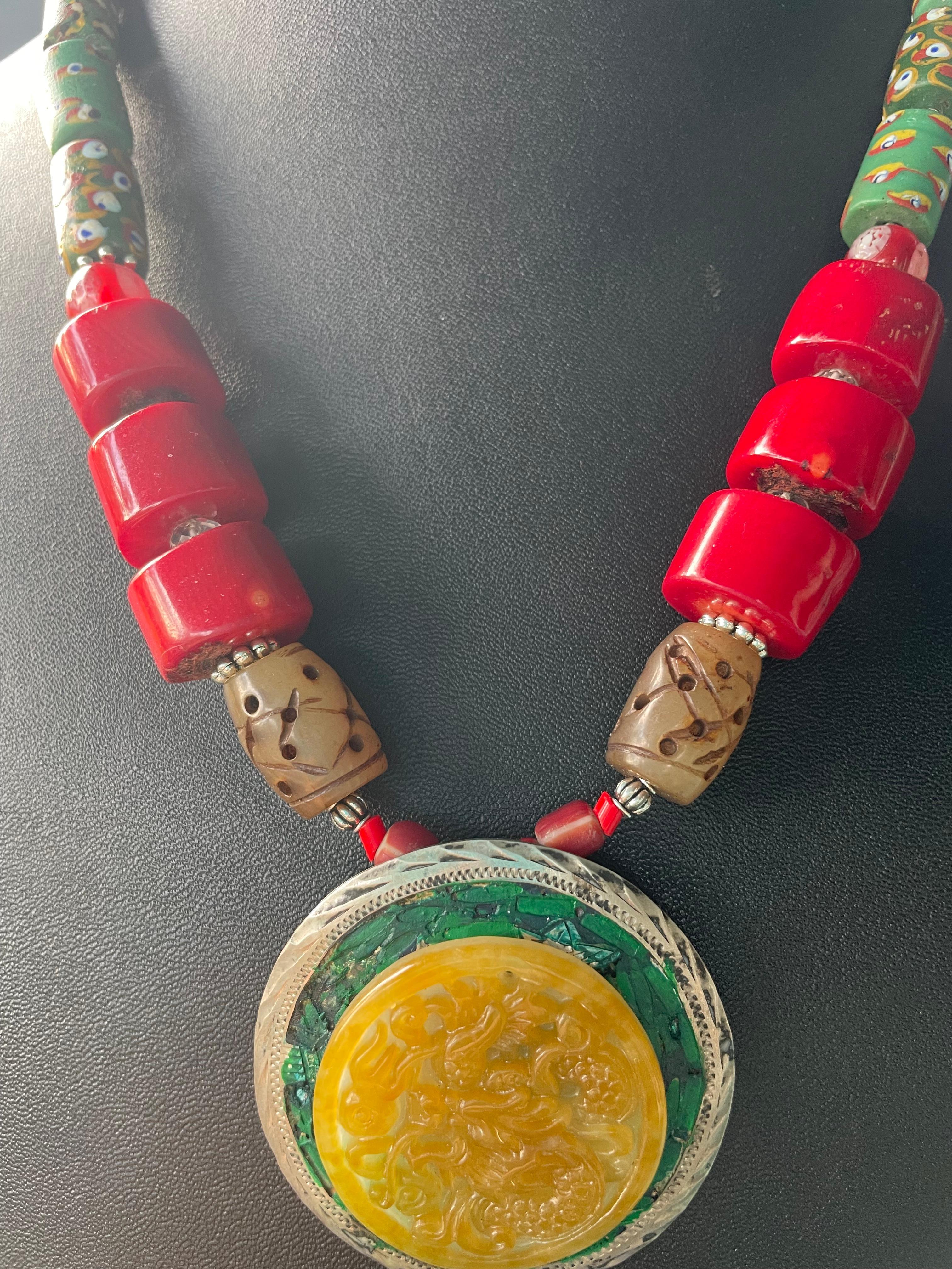 Artisan LB offers Jade Mexican Sterling pendant Soapstone Coral Venetian glass necklace