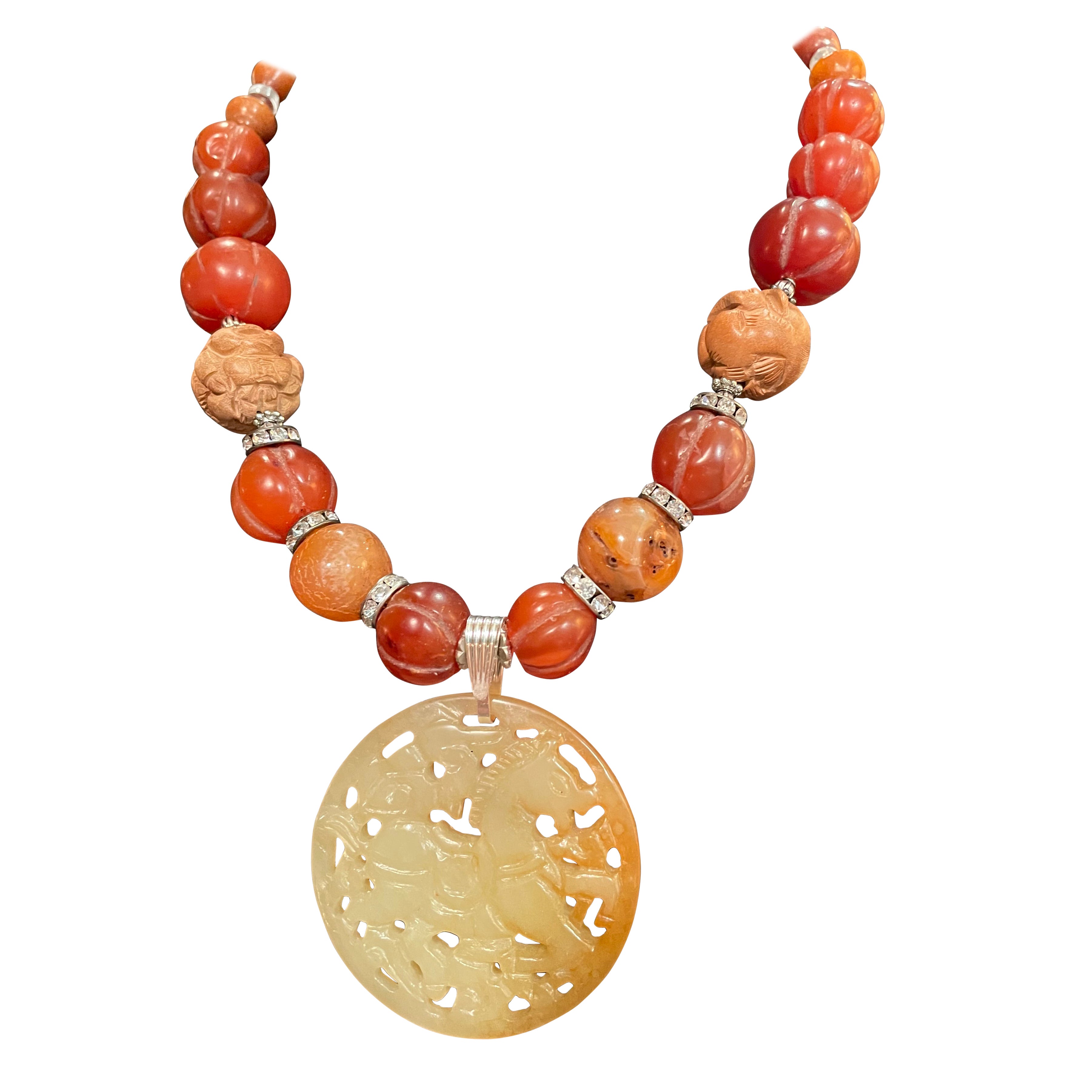 LB offers Jadeite Chinese Carving Vintage Carnelian Carved wood crystal necklace