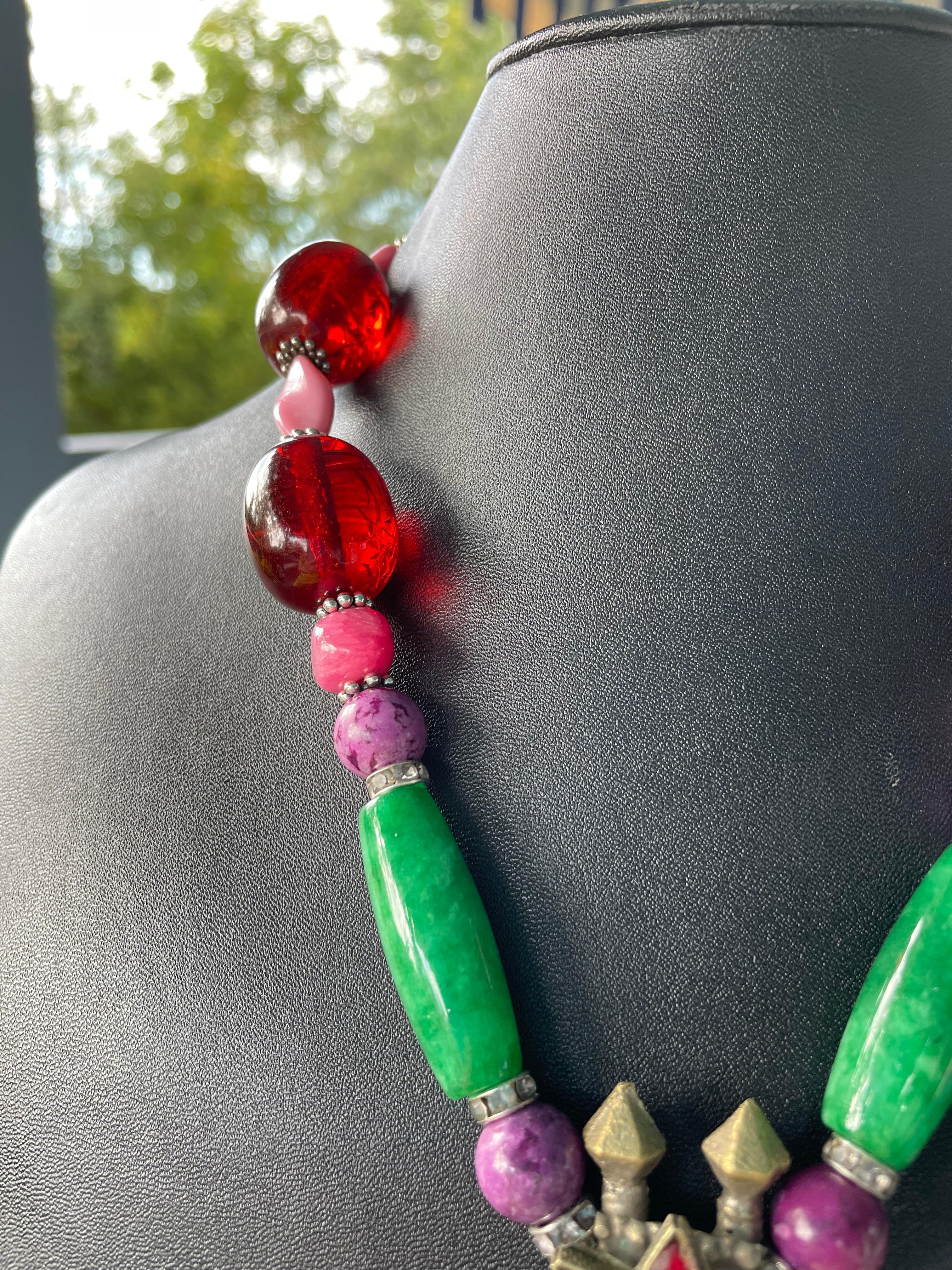 Bead LB offers Large Afghani Glass Stone Silver pendant Agates Resin Glass Necklace For Sale
