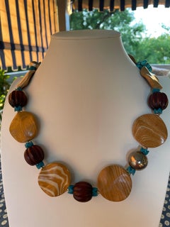 LB offers large agate Discs carved Wood Turquoise Vintage Glass SS Necklace