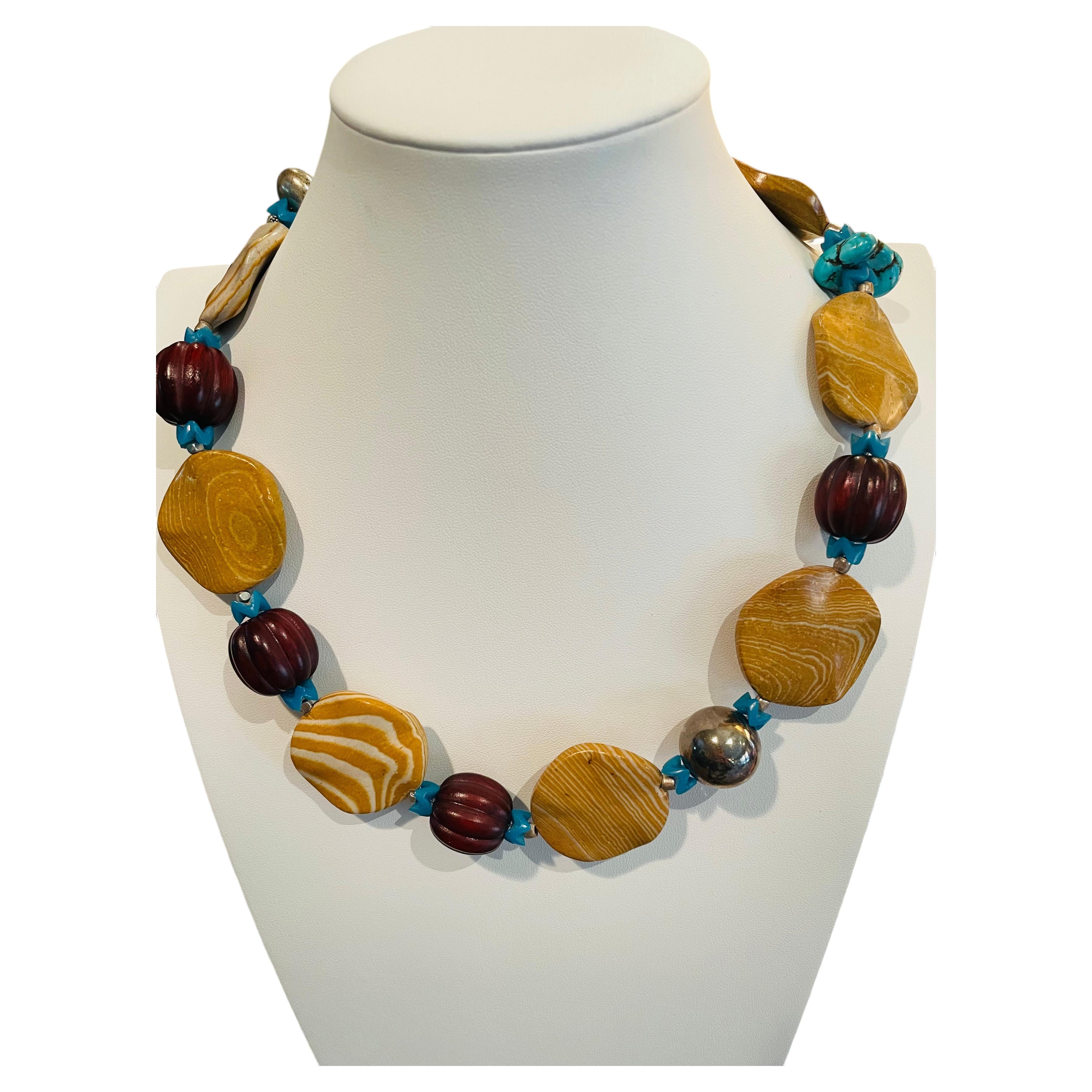 LB offers large agate Discs carved Wood Turquoise Vintage Glass SS Necklace For Sale