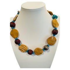 LB offers large agate Discs carved Wood Turquoise Vintage Glass SS Necklace