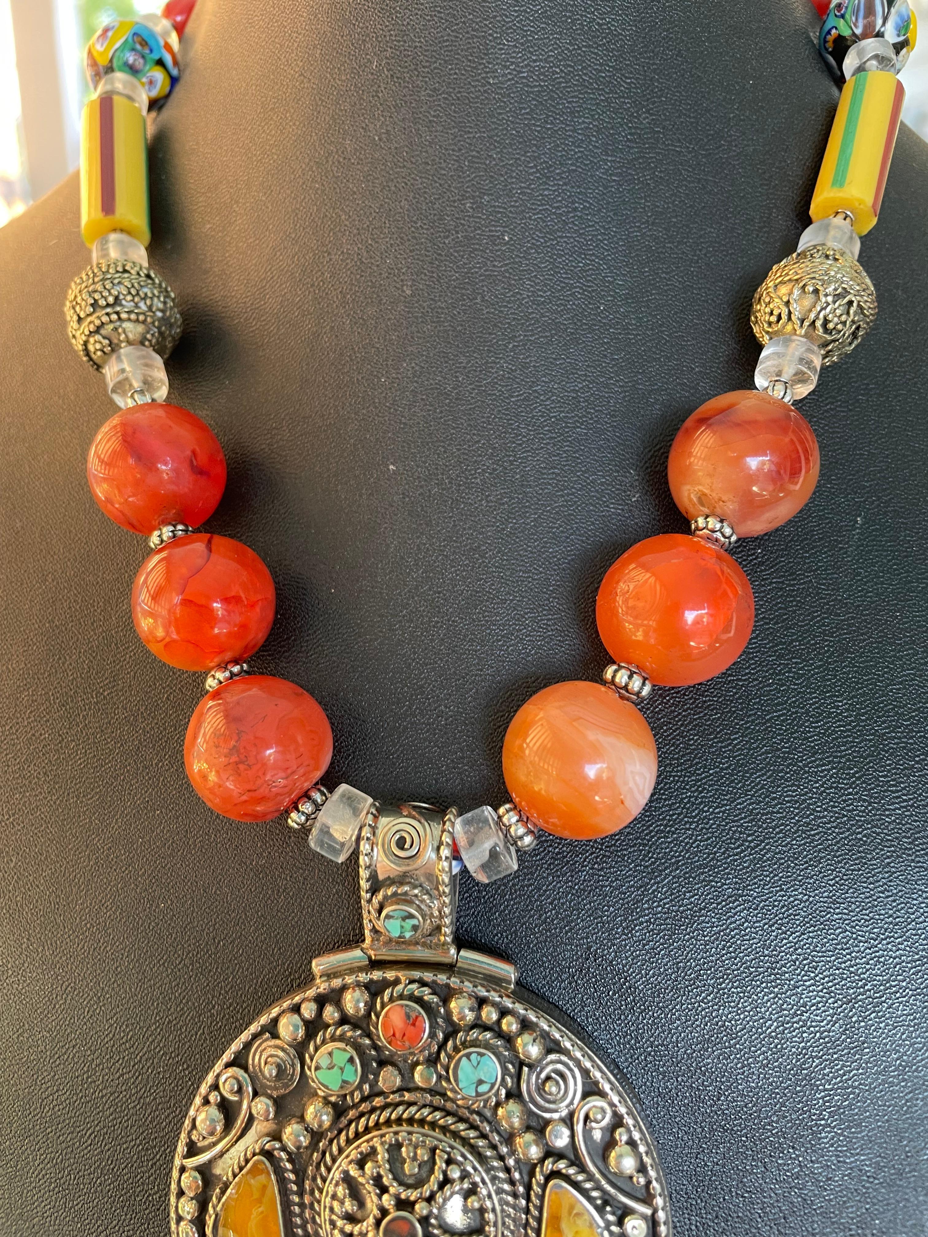 Artisan LB offers Large Inlaid Tibetan pendant Carnelian Rock Crystal Venetian necklace