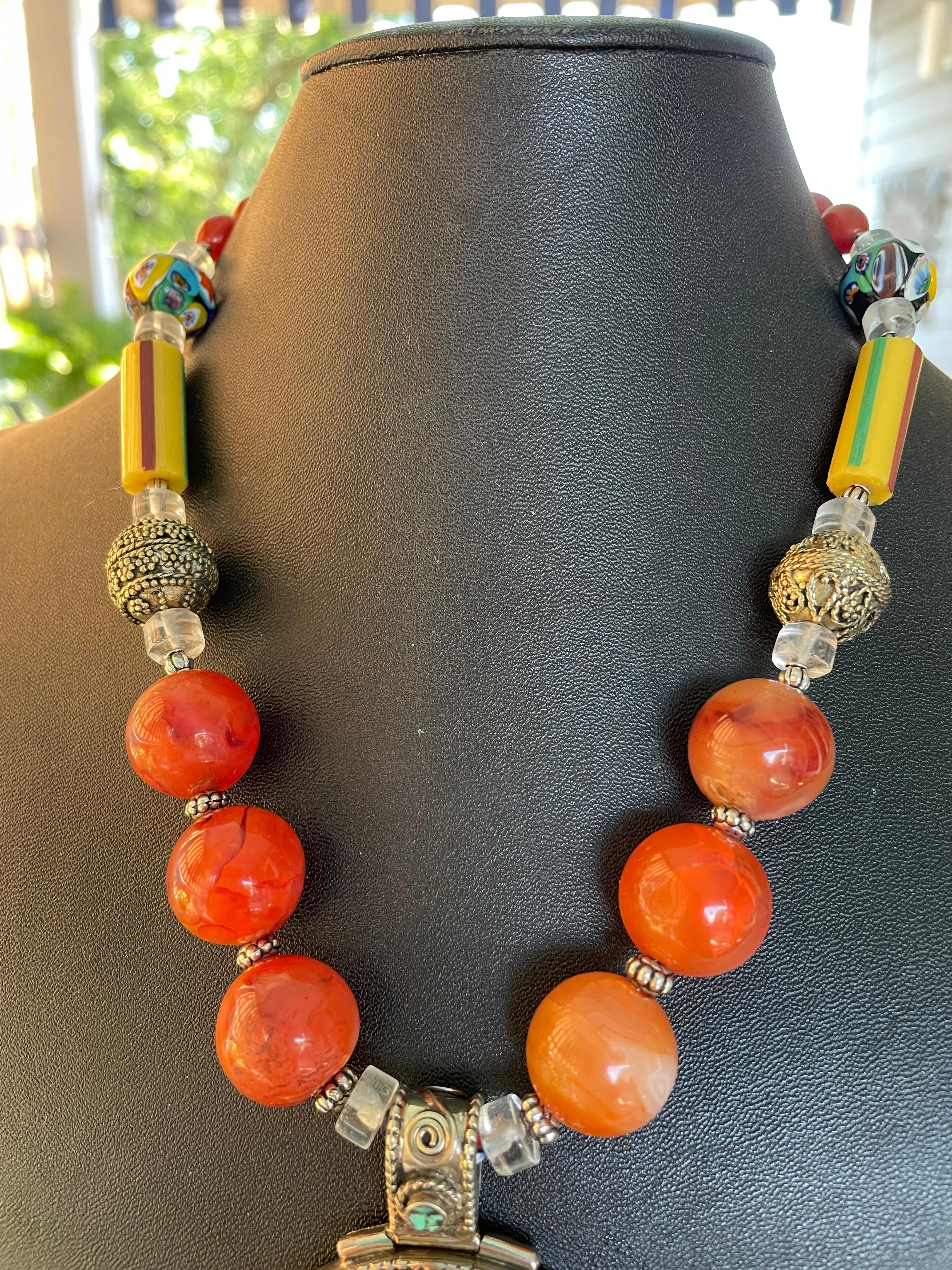 Bead LB offers Large Inlaid Tibetan pendant Carnelian Rock Crystal Venetian necklace