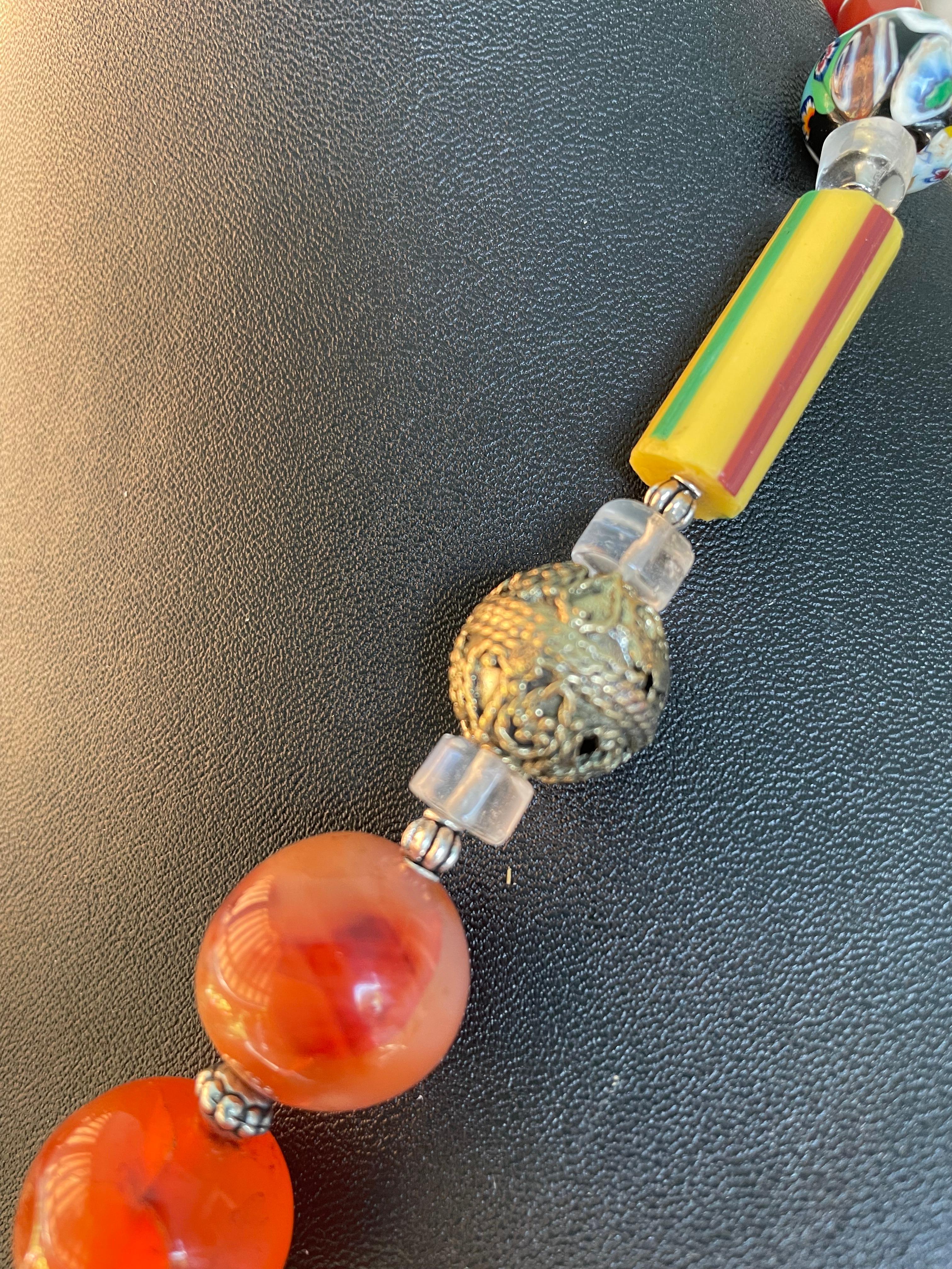 LB offers Large Inlaid Tibetan pendant Carnelian Rock Crystal Venetian necklace In Good Condition In Pittsburgh, PA