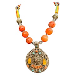 LB offers Large Inlaid Tibetan pendant Carnelian Rock Crystal Venetian necklace