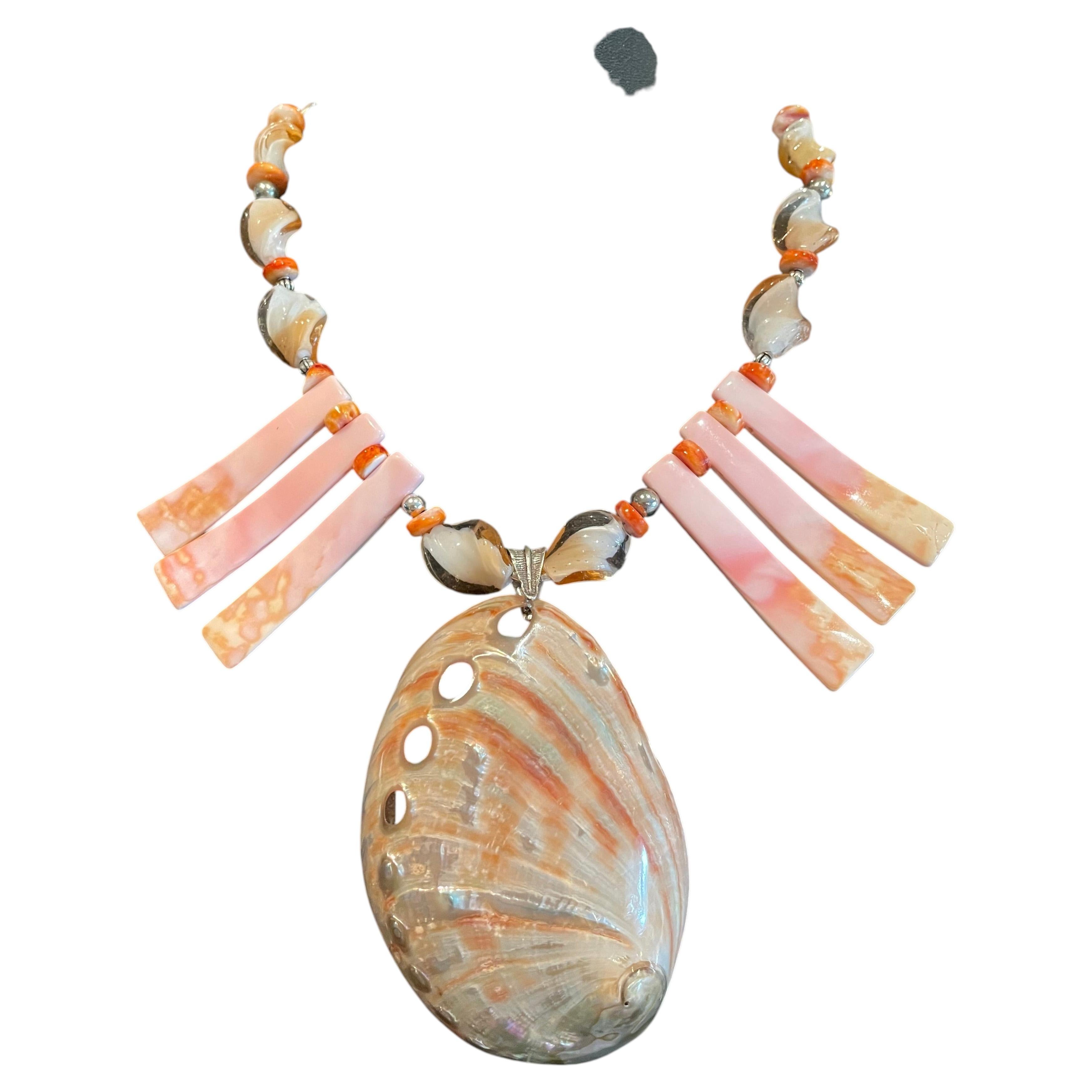 LB offers Large polished Shell Conch Vintage glass MOP Spiney Oyster SS Necklace