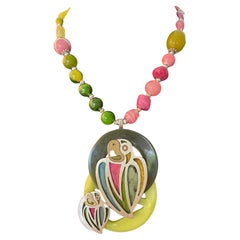 LB offers Mexican Silver Parrot and Chick pendant Bakelite Glass SS Necklace