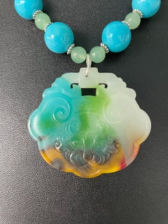 LB offers multi colored carved Chinese Jade pendant necklace glass agates silver