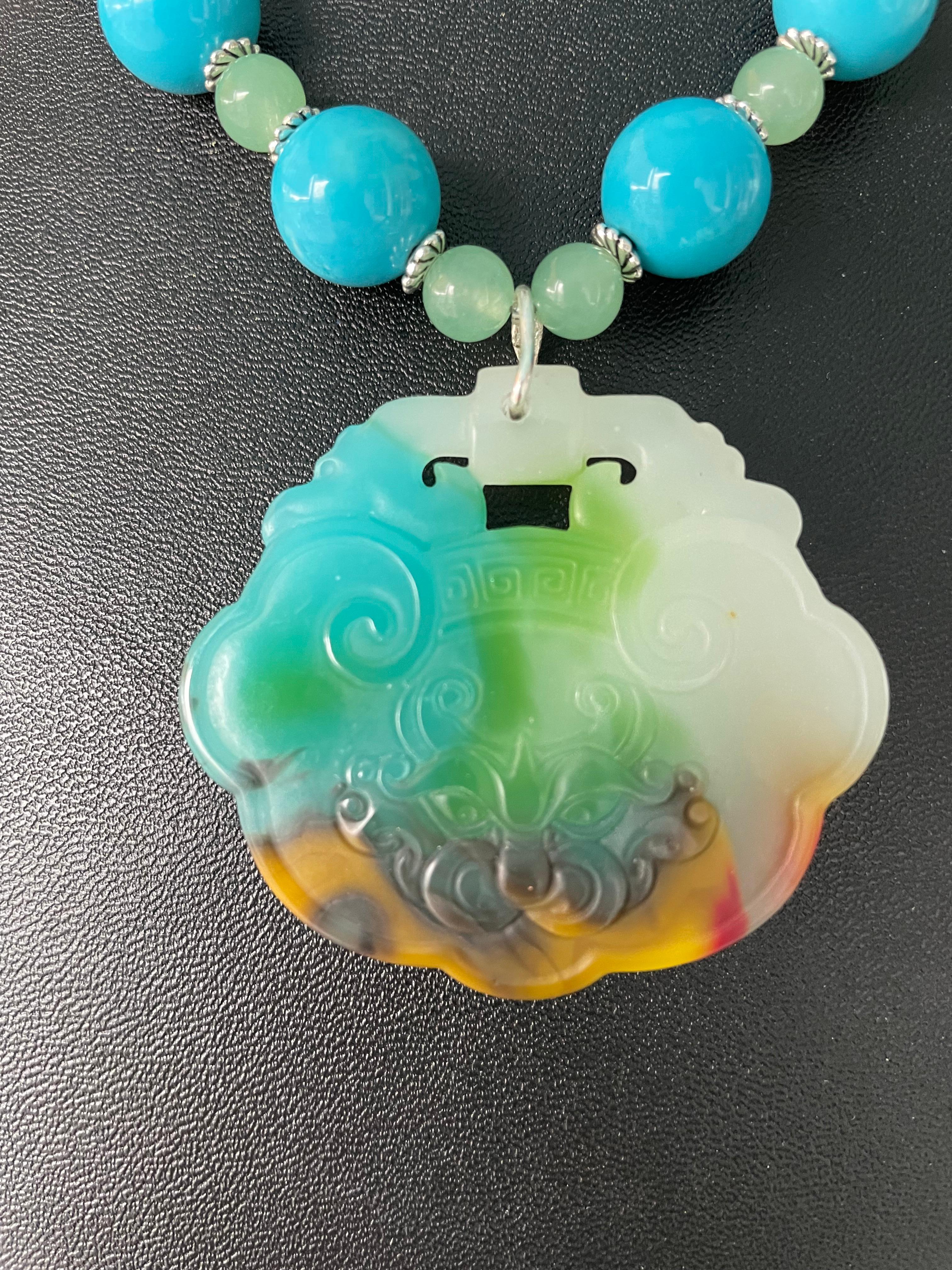 LB offers multi colored carved Chinese Jade pendant necklace glass agates silver For Sale 2