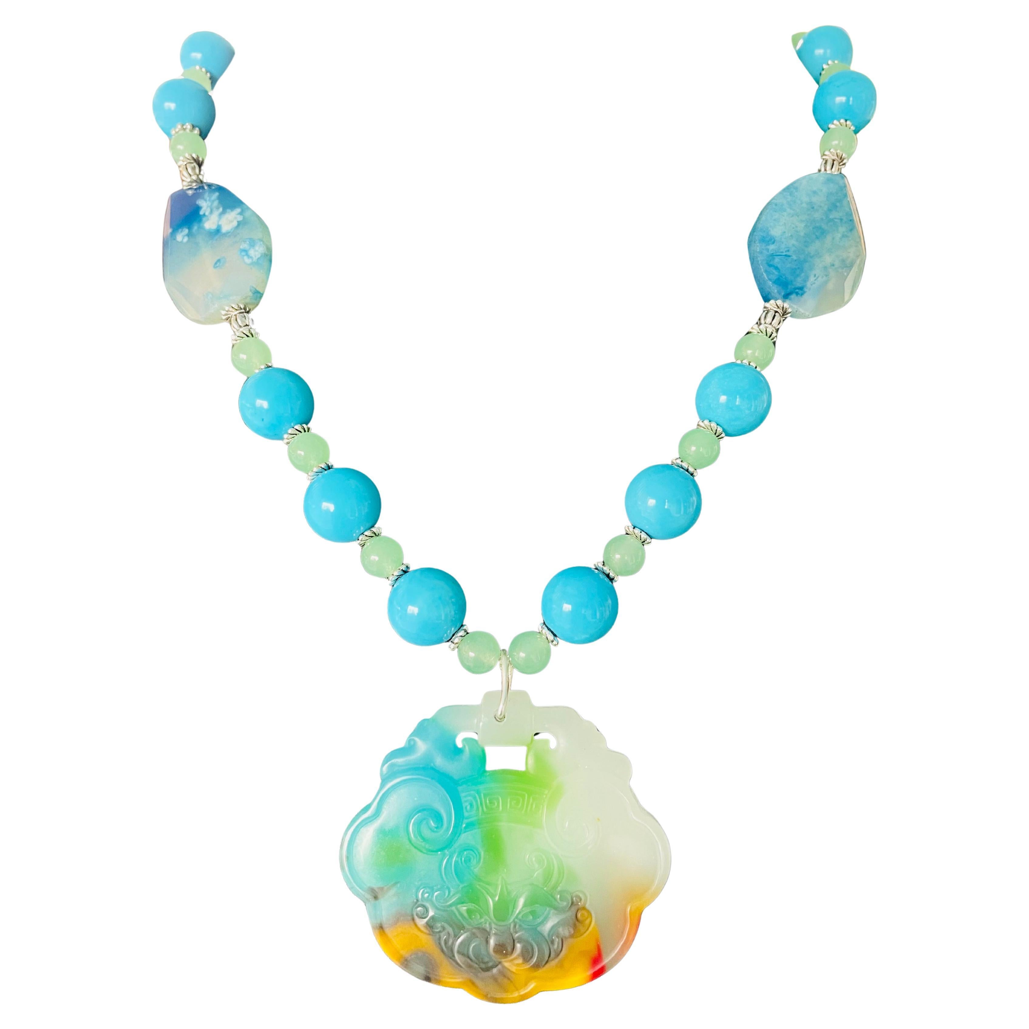 LB offers multi colored carved Chinese Jade pendant necklace glass agates silver