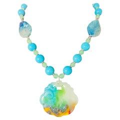 LB ofrece collar colgante de jade chino tallado multicolor ágatas de cristal plata