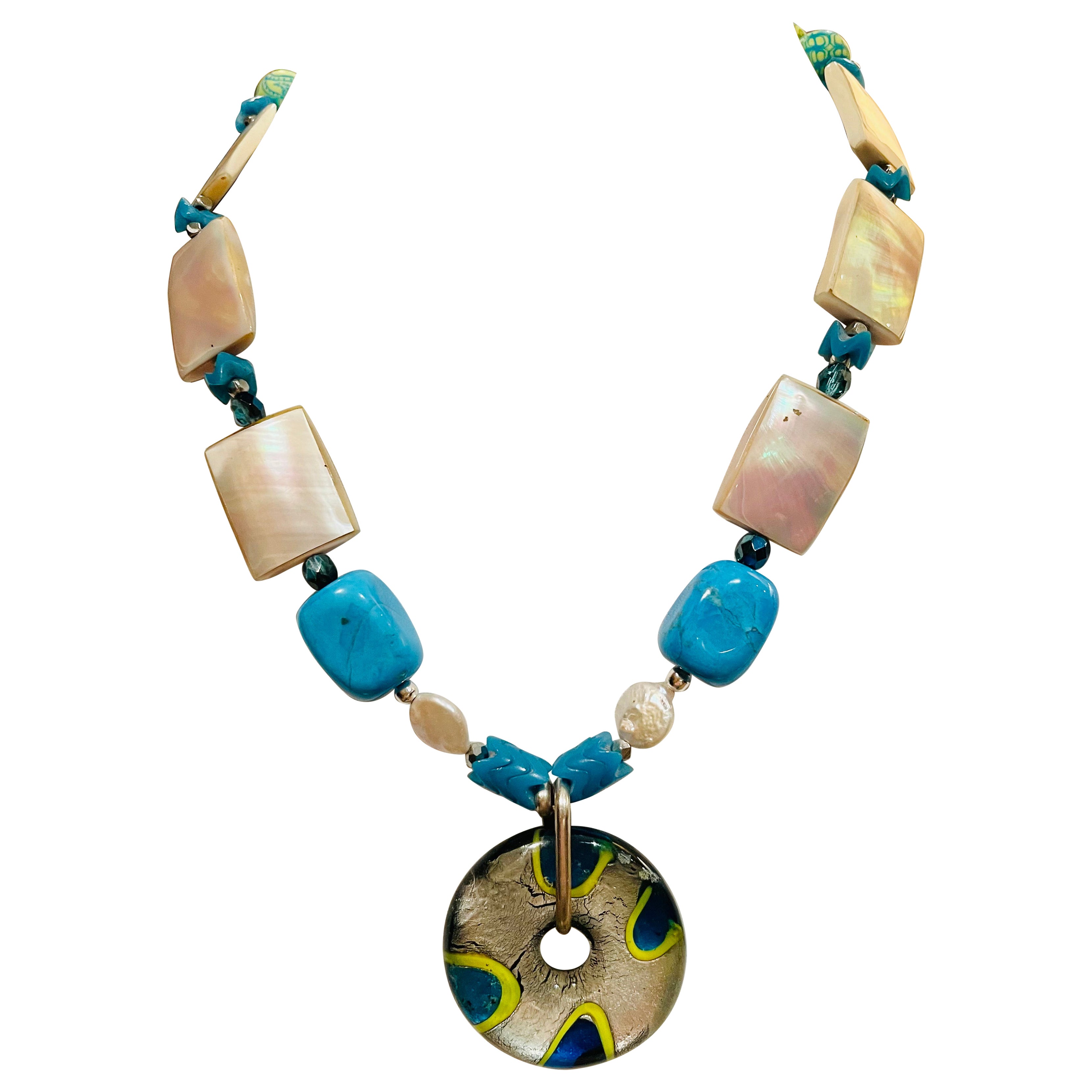 LB offers Murano style pendant MOP Turquoise Glass Pearl Crystal SS Necklace