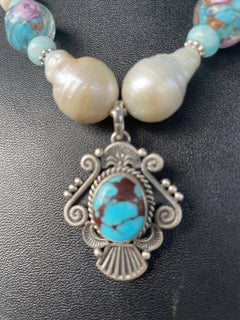 LB offers Navajo Turquoise Sterling pendant Amazonite Baroque Pearls Necklace