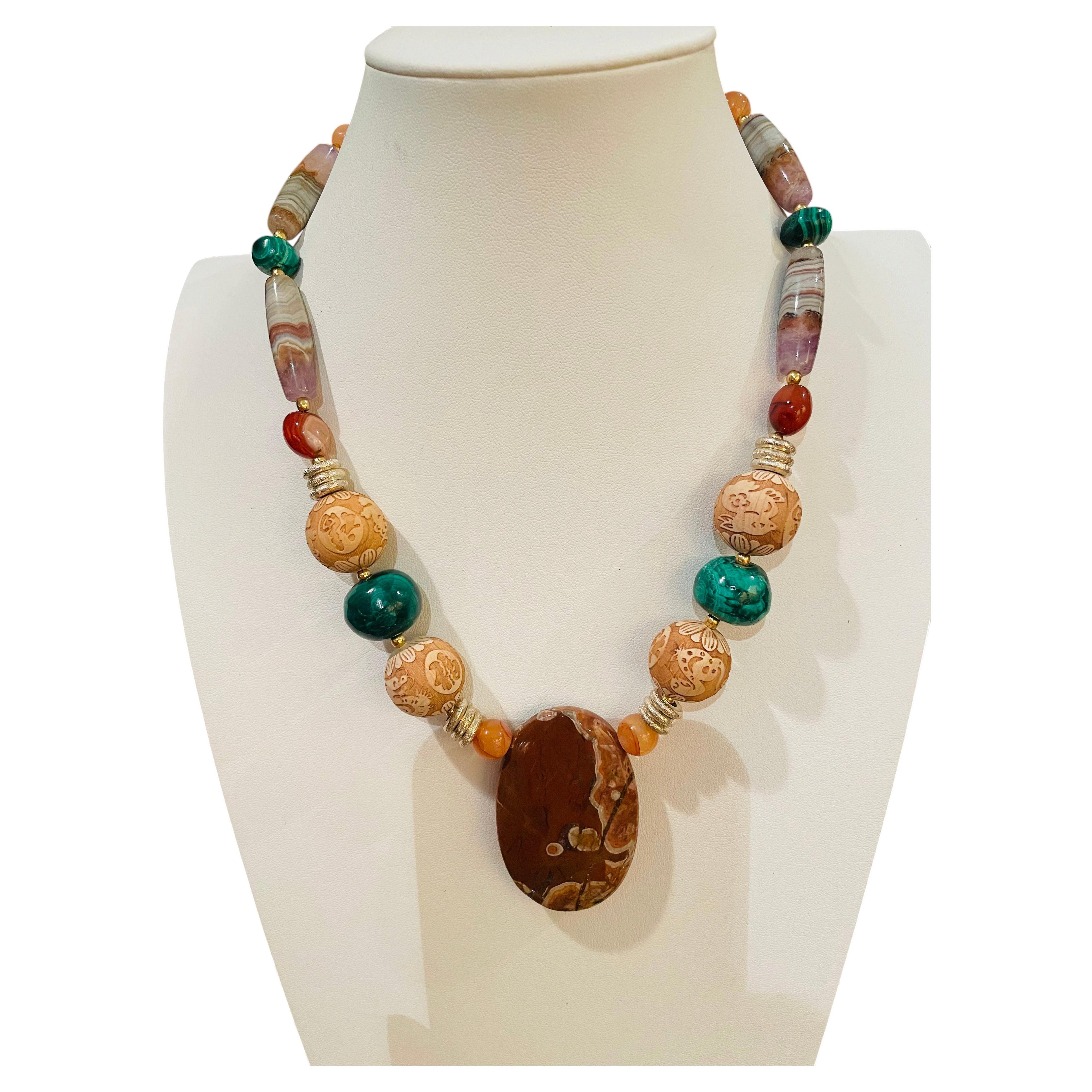 LB offers Petrified Wood Malachite Cork Agate Carnelian Multi Gemstone Necklace For Sale