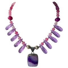 LB ofrece ágata púrpura SS gotas de amatista cristal veneciano collar de cuarzo SS