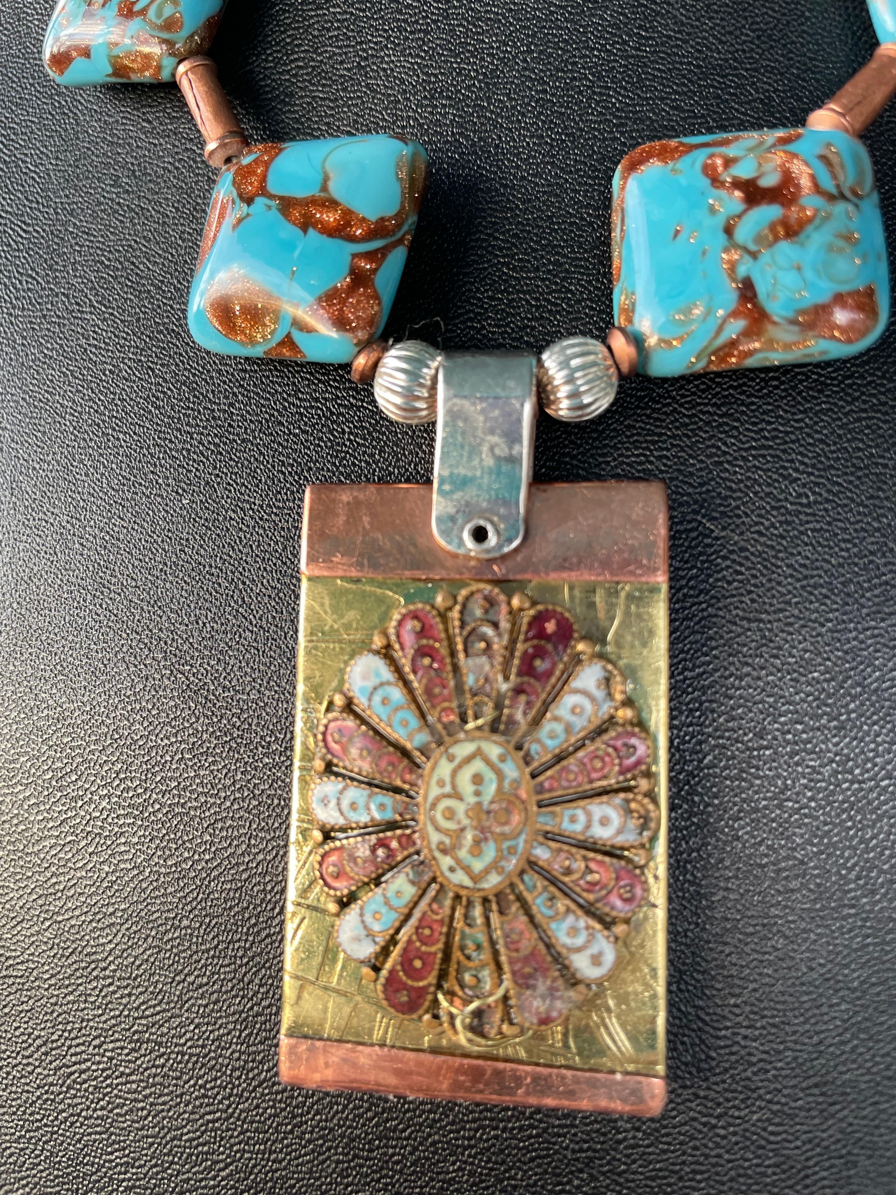 Aesthetic Movement LB offers Rare Venetian Glass Enamel Medallion Brass Copper Silver Necklace For Sale