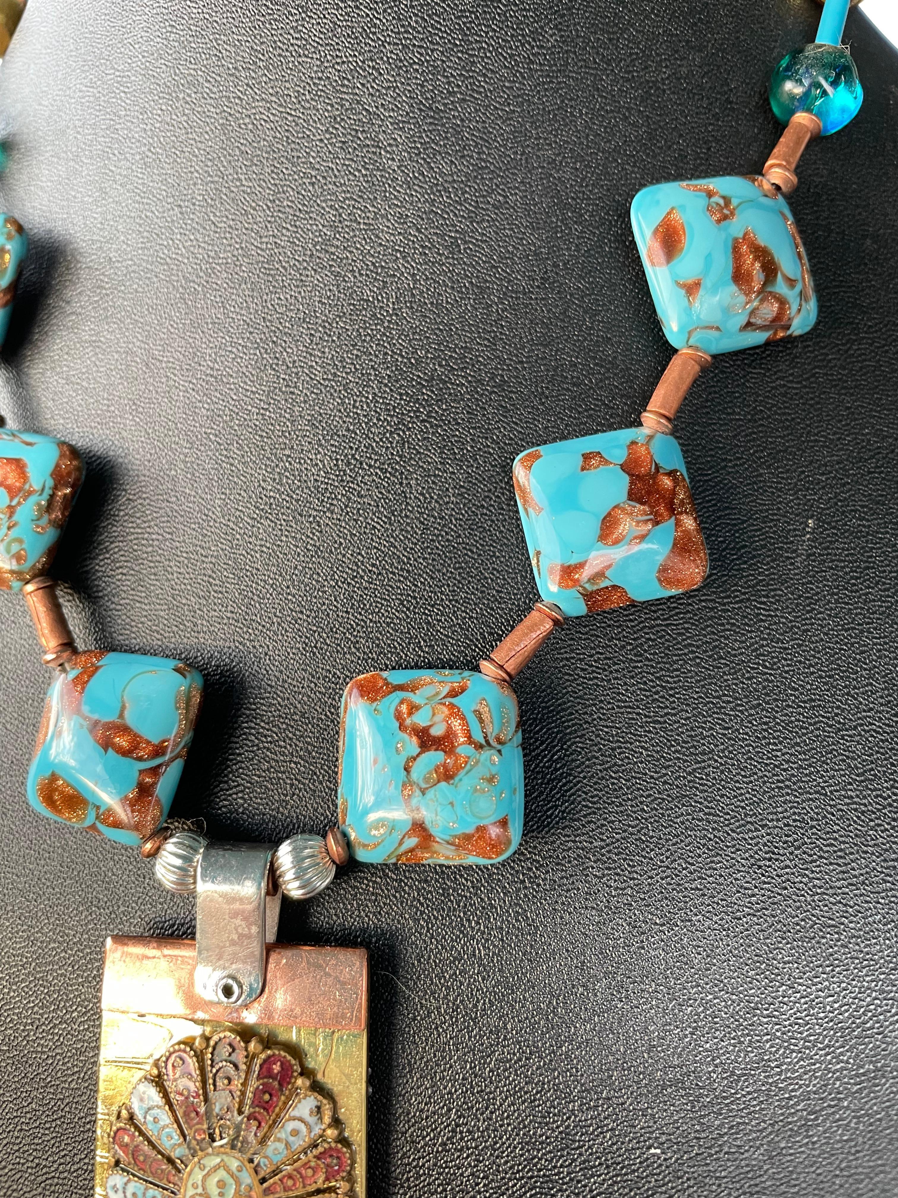 LB offers Rare Venetian Glass Enamel Medallion Brass Copper Silver Necklace In Good Condition For Sale In Pittsburgh, PA