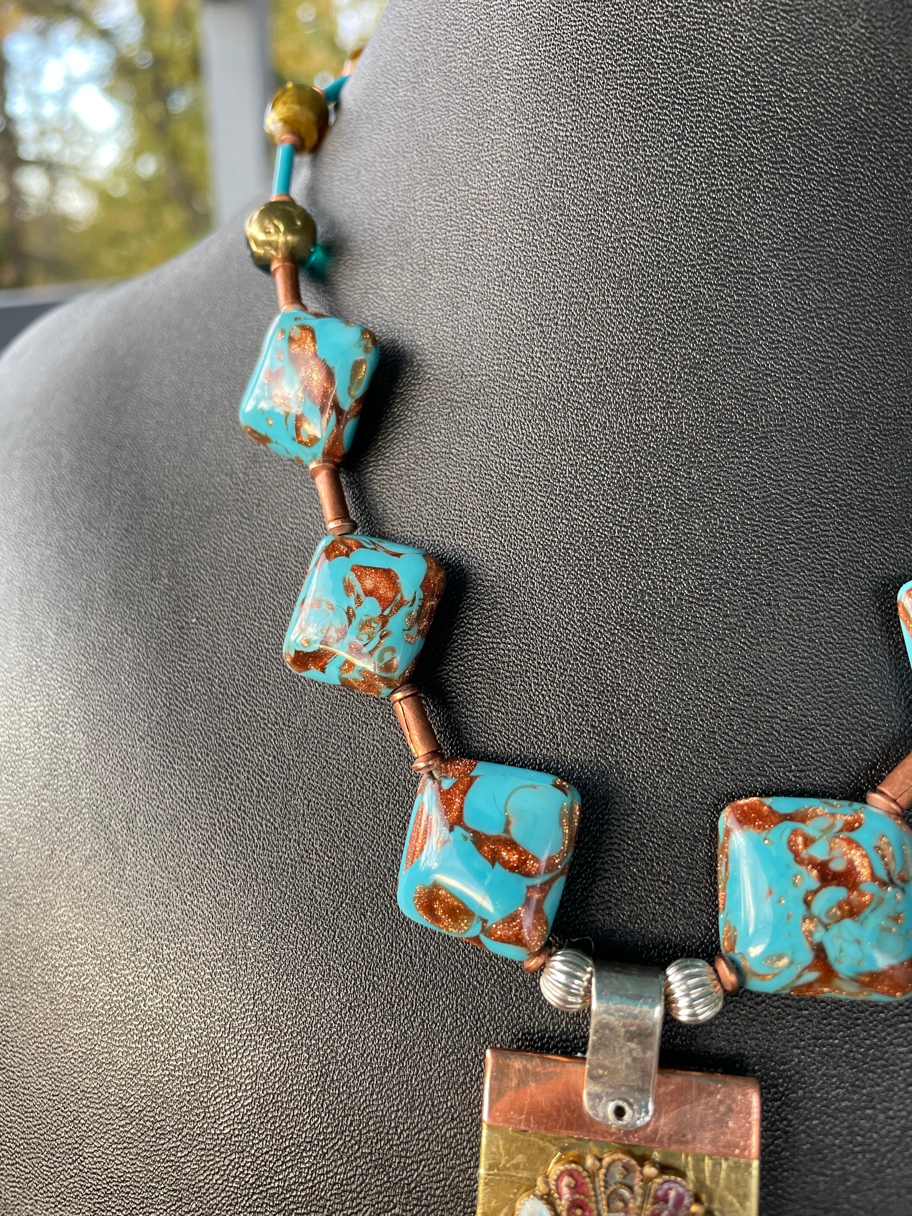 Women's or Men's LB offers Rare Venetian Glass Enamel Medallion Brass Copper Silver Necklace For Sale