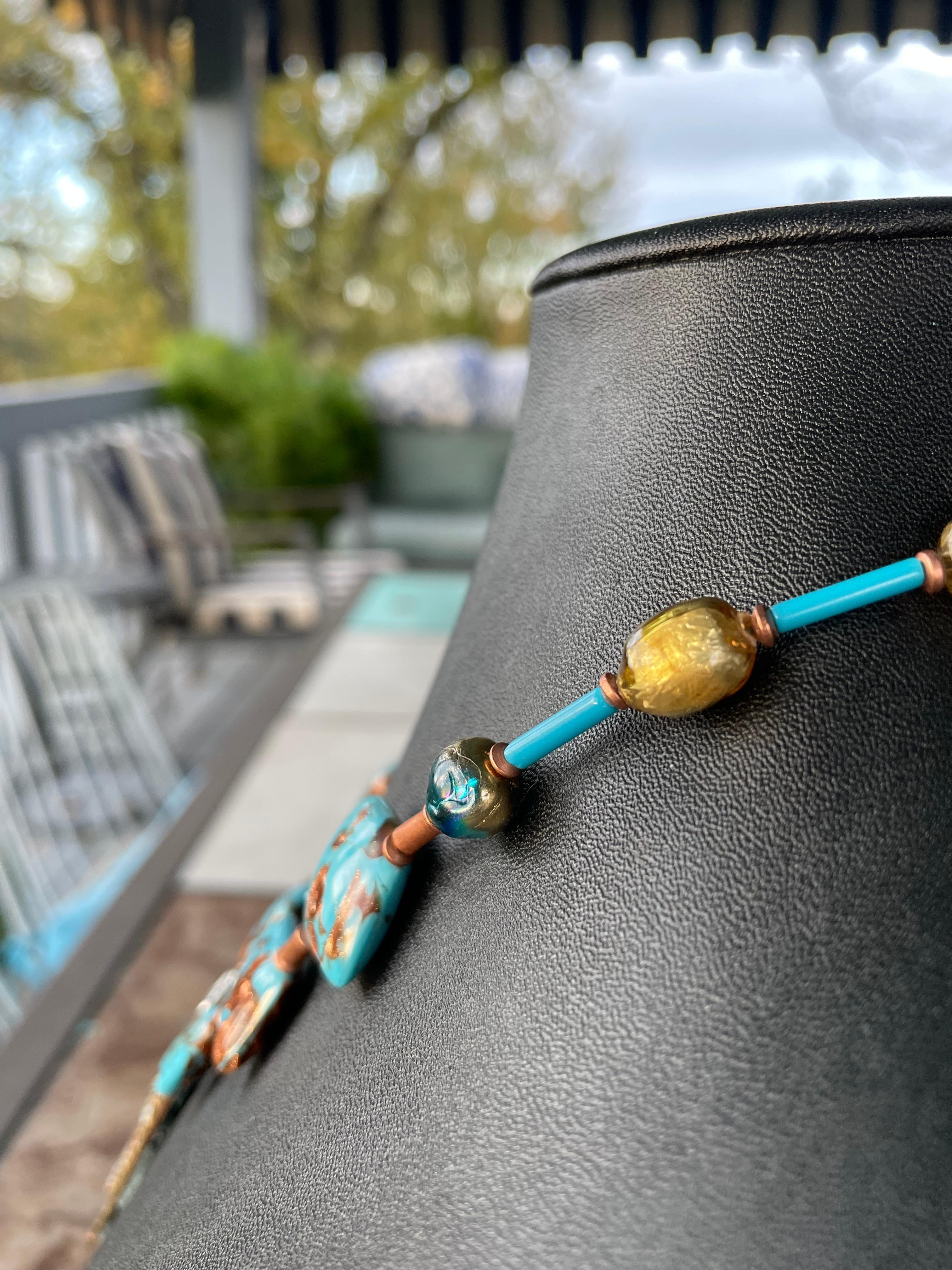 LB offers Rare Venetian Glass Enamel Medallion Brass Copper Silver Necklace For Sale 1