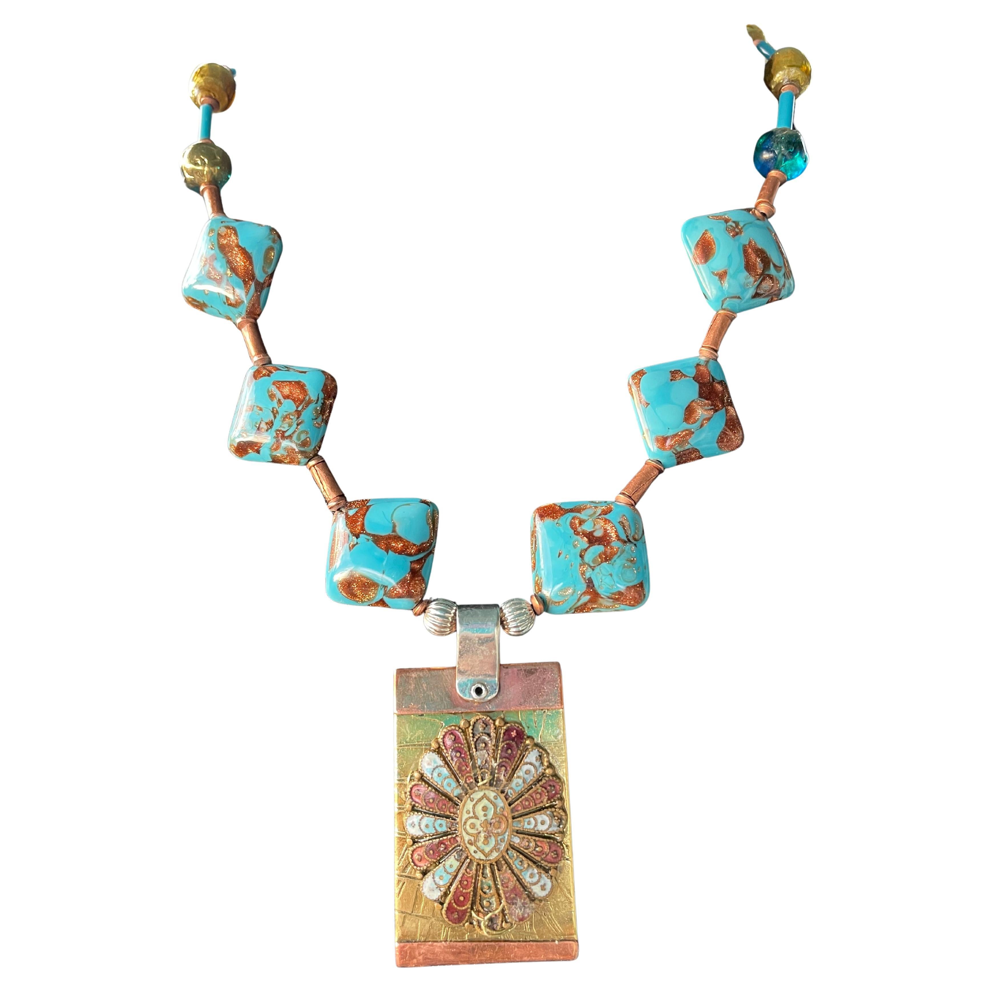 LB offers Rare Venetian Glass Enamel Medallion Brass Copper Silver Necklace For Sale