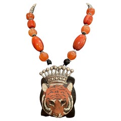 LB offers Redware Tigress Brooch Sterling Crown Bakelite Carnelian Bone Necklace