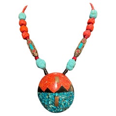 LB offers Santo Domingo Shell Pendant Tibetan brass Glass turquoise Necklace