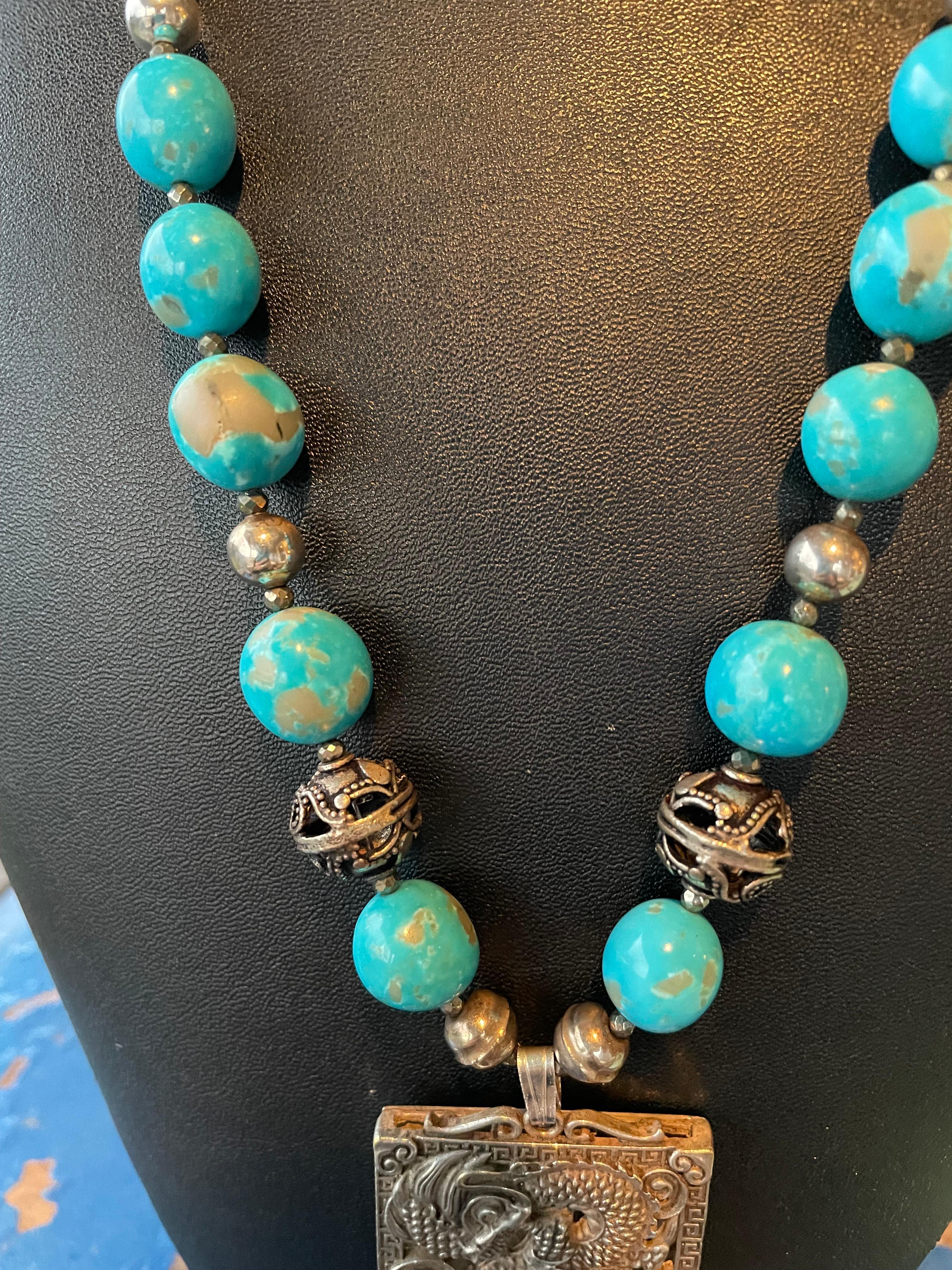 Artisan LB offers Silver Chinese Dragon pendant Kingman Turquoise Pearls Silver Necklace