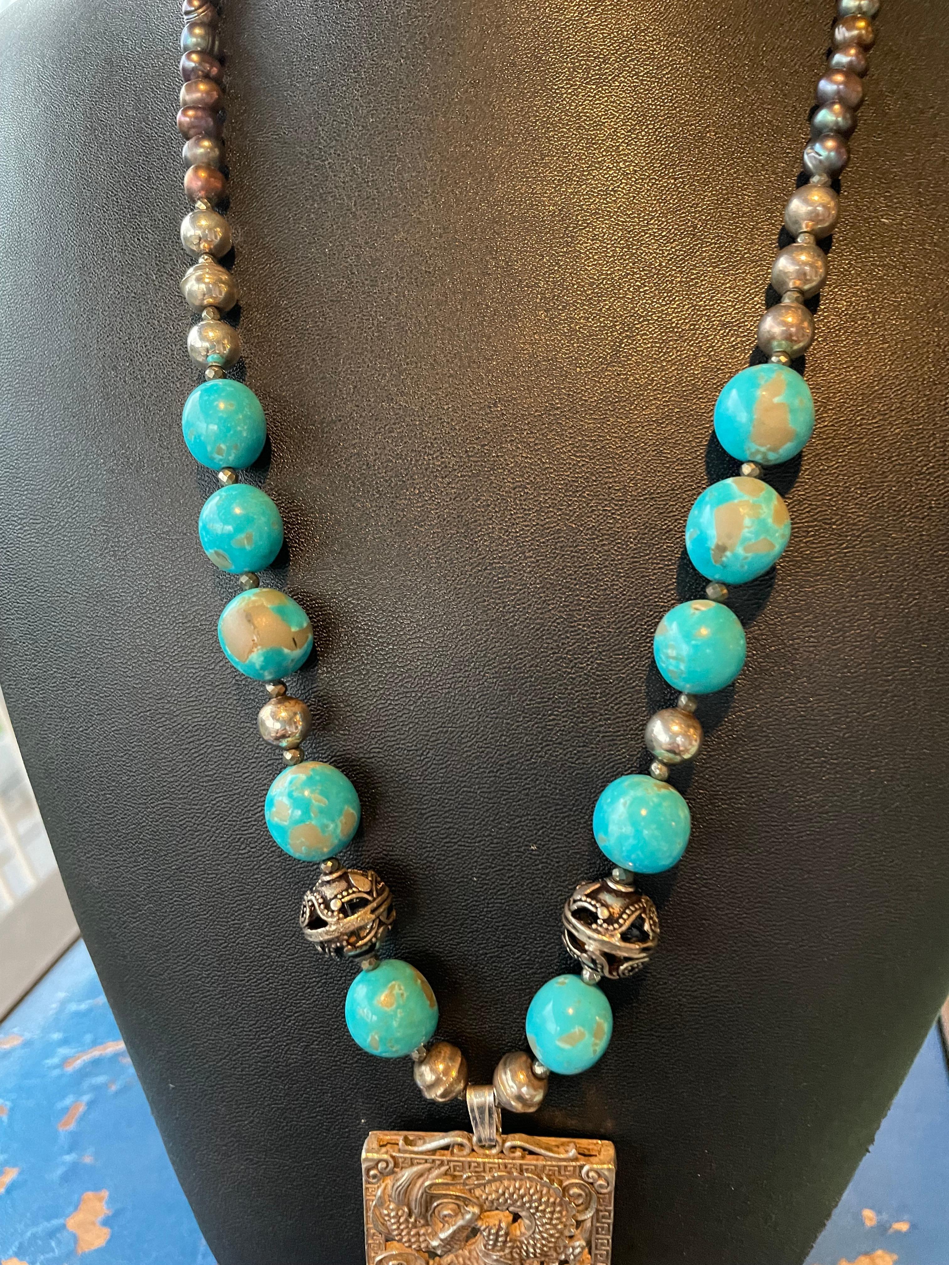 Bead LB offers Silver Chinese Dragon pendant Kingman Turquoise Pearls Silver Necklace
