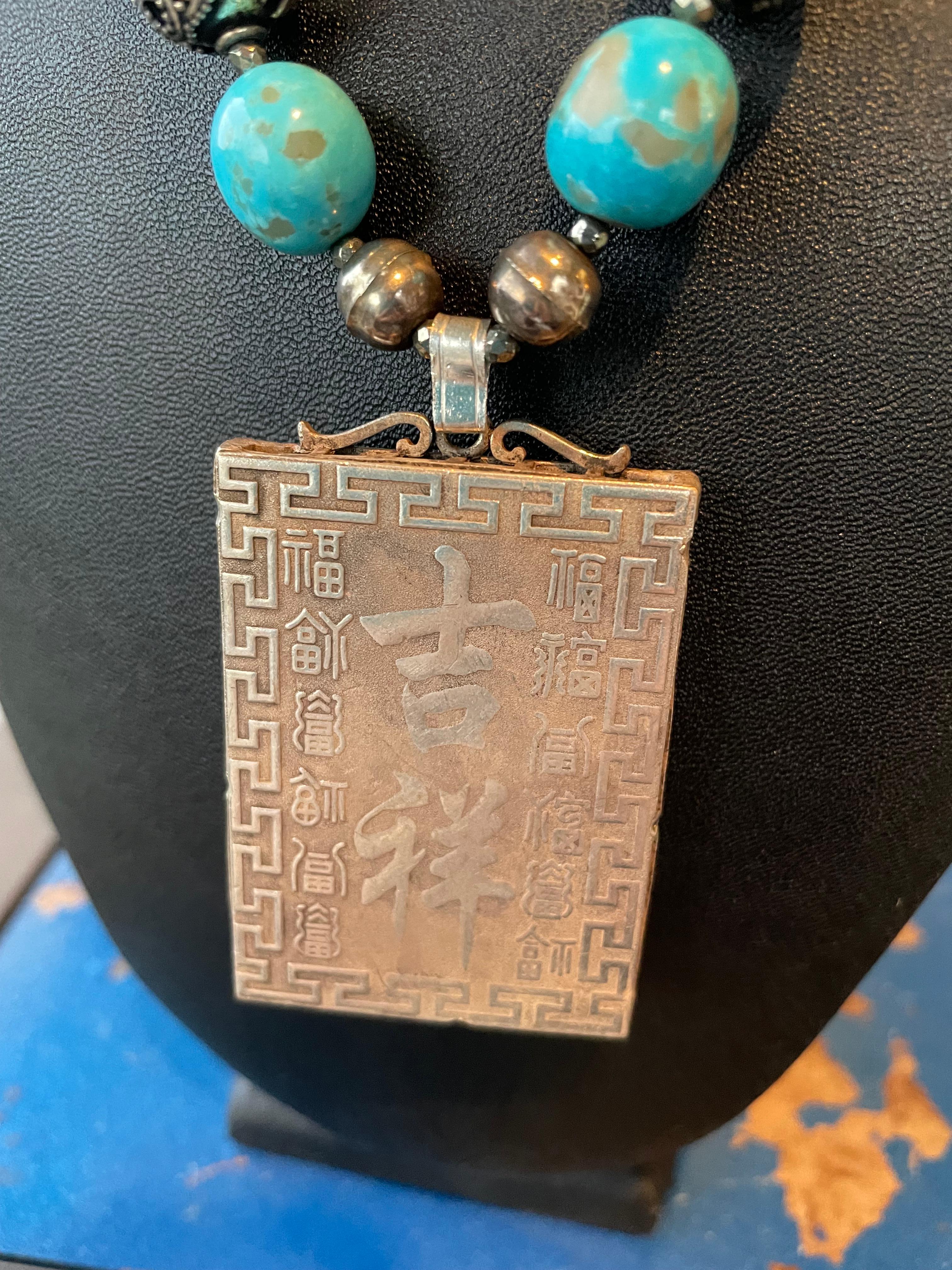 LB offers Silver Chinese Dragon pendant Kingman Turquoise Pearls Silver Necklace 1