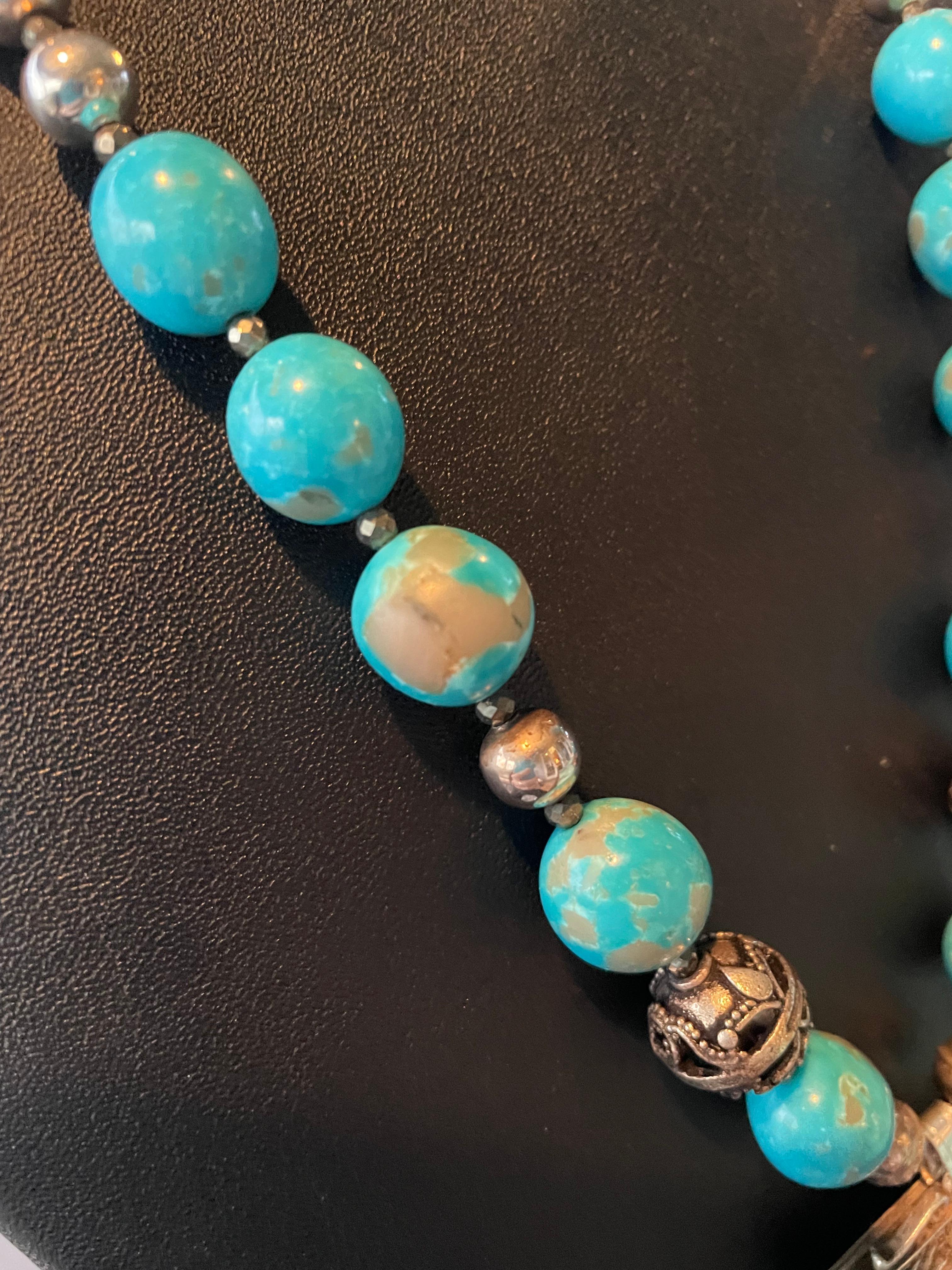 LB offers Silver Chinese Dragon pendant Kingman Turquoise Pearls Silver Necklace 2