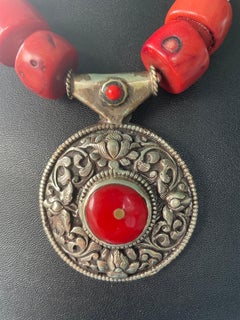 LB offers Silver Red Coral Tibetan pendant Carved Bone Wood Shell SS Necklace
