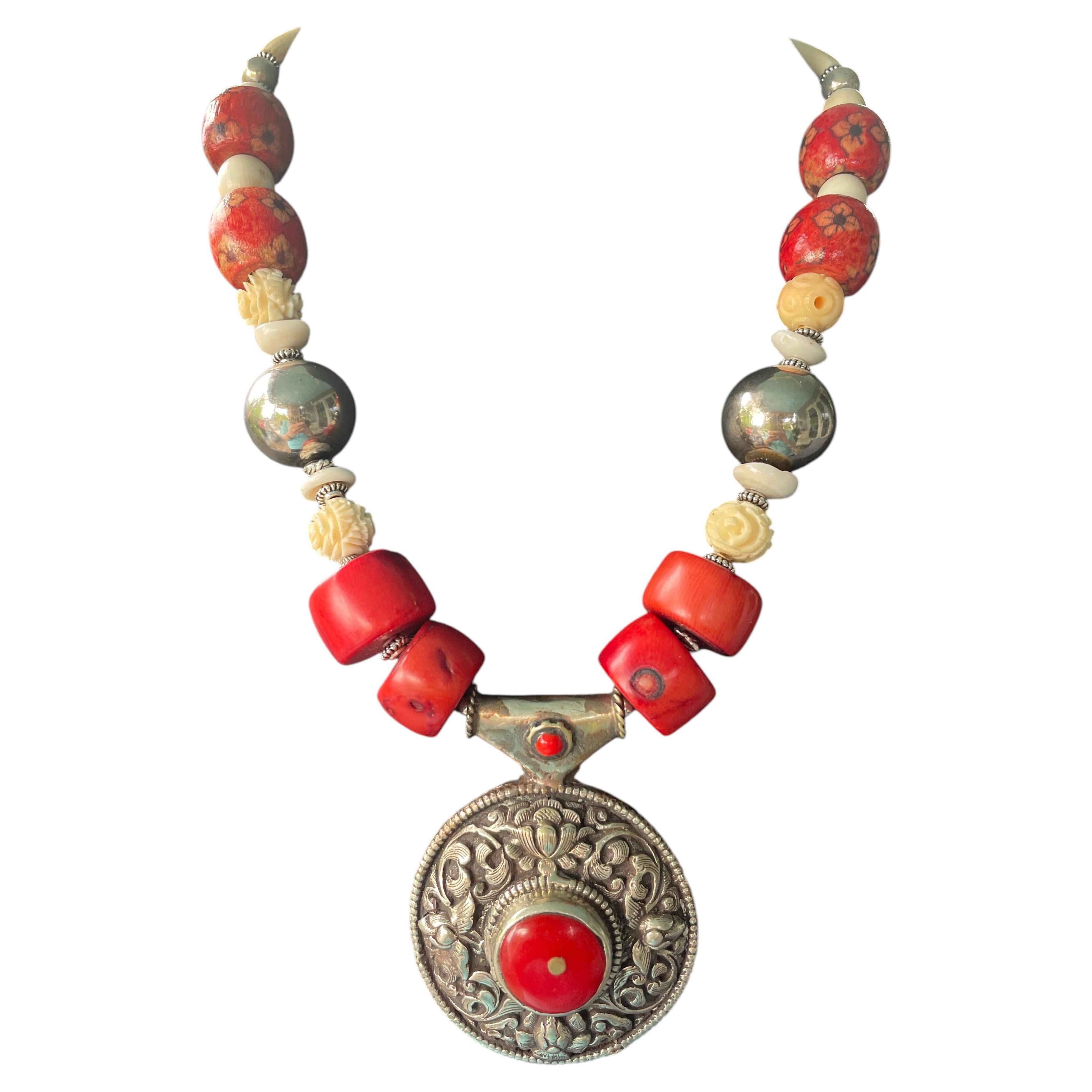 LB offers Silver Red Coral Tibetan pendant Carved Bone Wood Shell SS Necklace